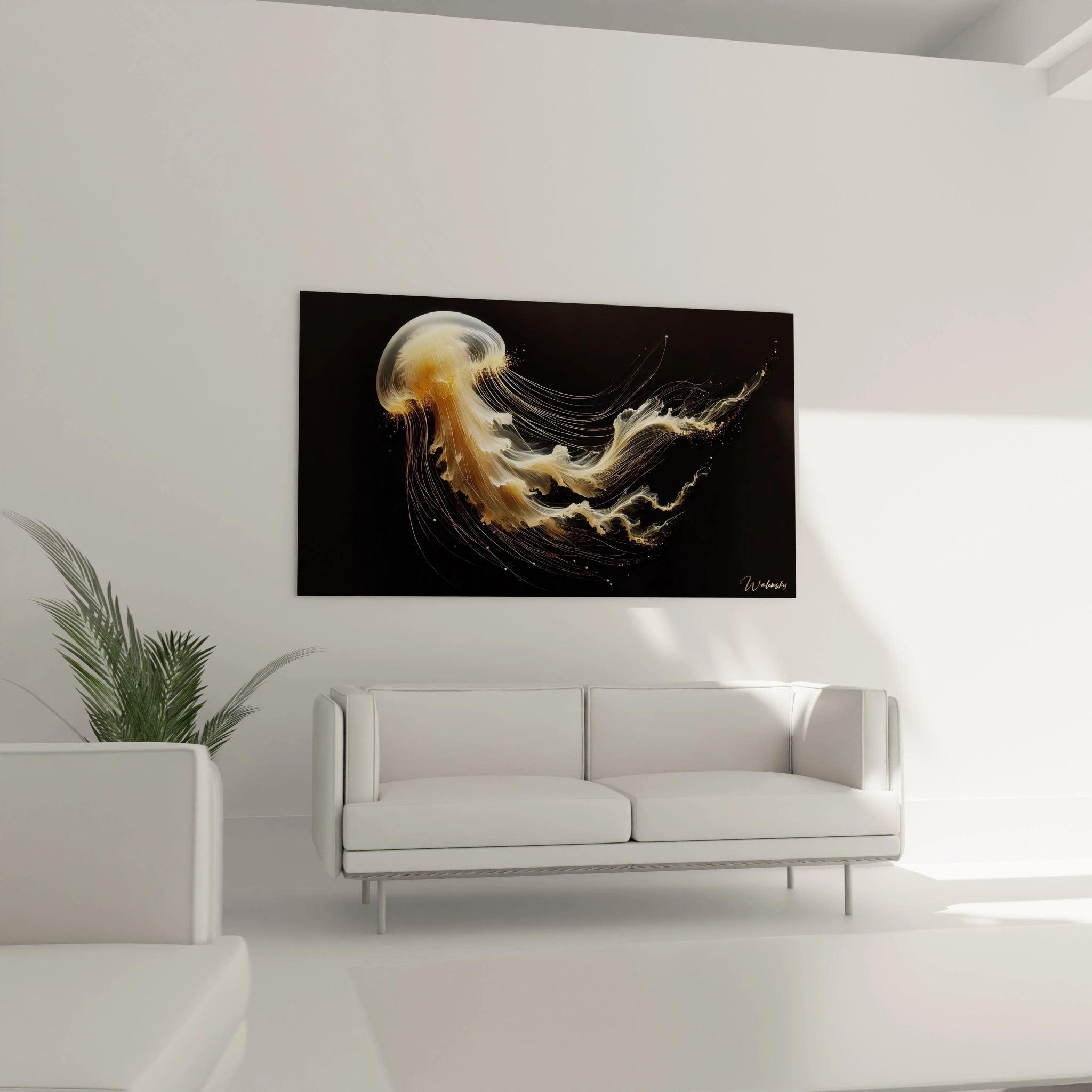 Le tableau méduse, accroché au-dessus d'un canapé, transforme ce salon avec son jeu de lumière et d'ombre. Ses couleurs vibrantes créent une atmosphère apaisante et moderne.