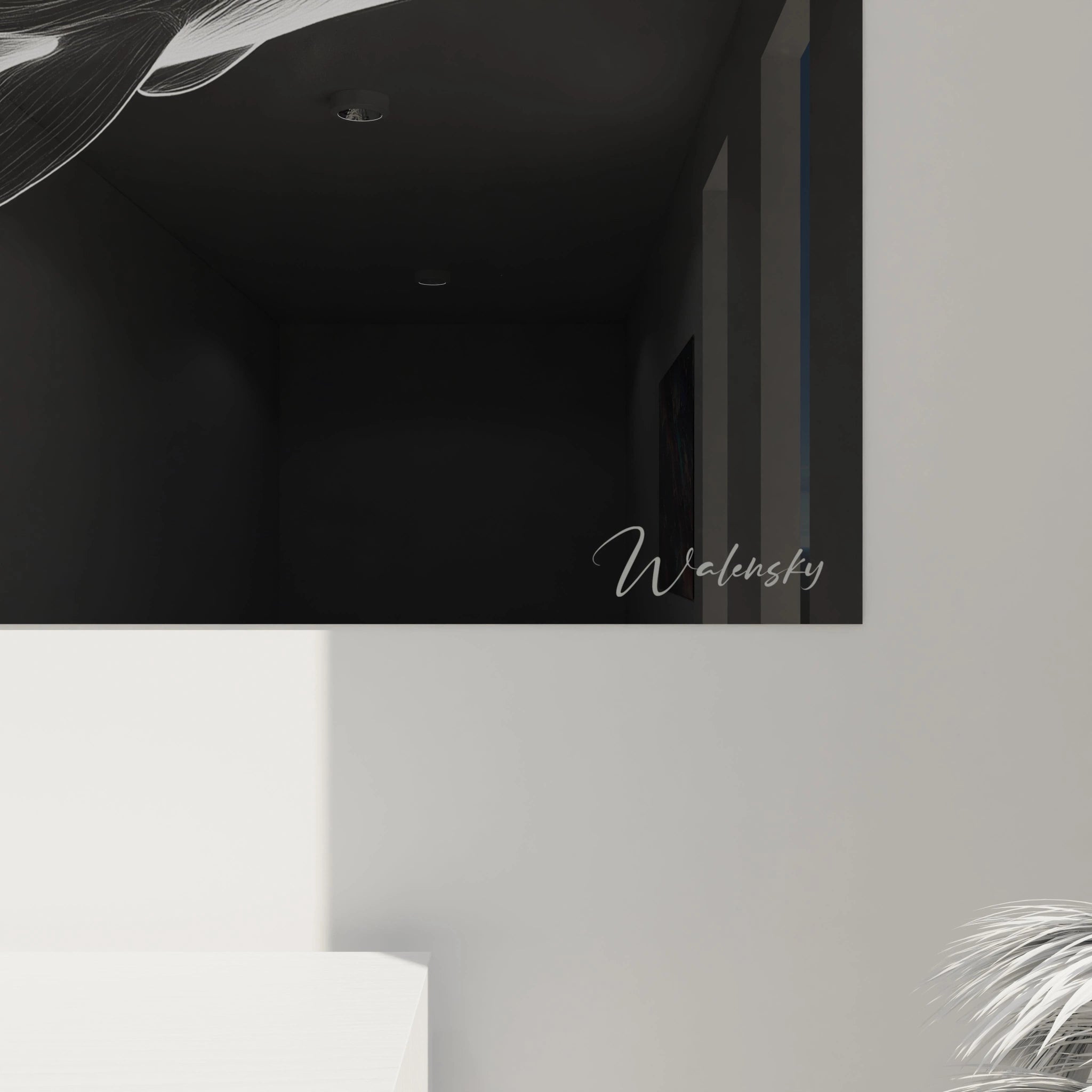 Un tableau dauphin monochrome représentant le mammifère marin en mouvement horizontal. L'œuvre se caractérise par sa technique de lignes blanches fines qui se superposent sur fond noir, évoquant à la fois fluidité et légèreté. L'unique œil visible et les nageoires finement dessinées complètent cette silhouette épurée et élégante.