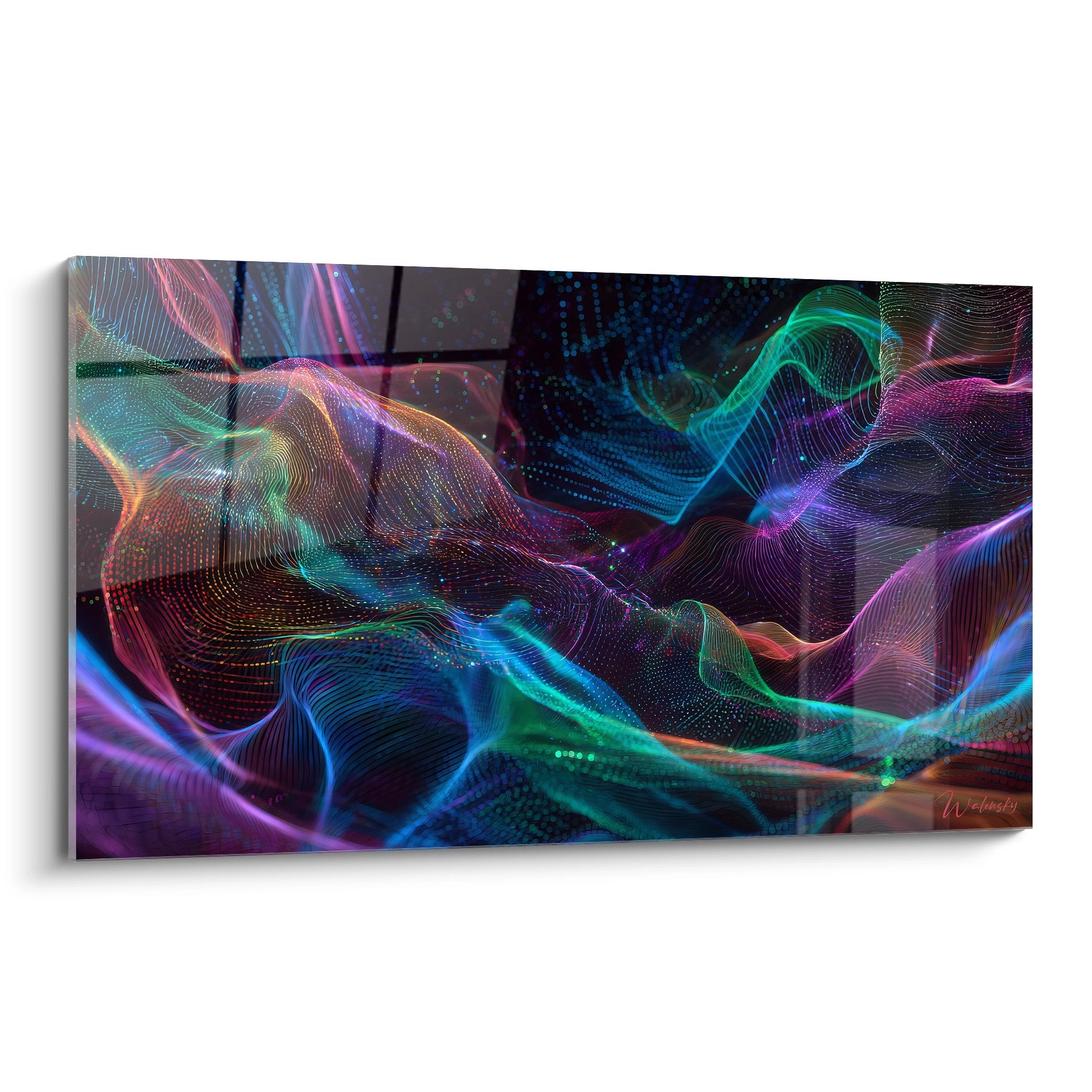 Tableau mural ondes énergétiques futuristes aux couleurs néon vibrantes art numérique abstrait