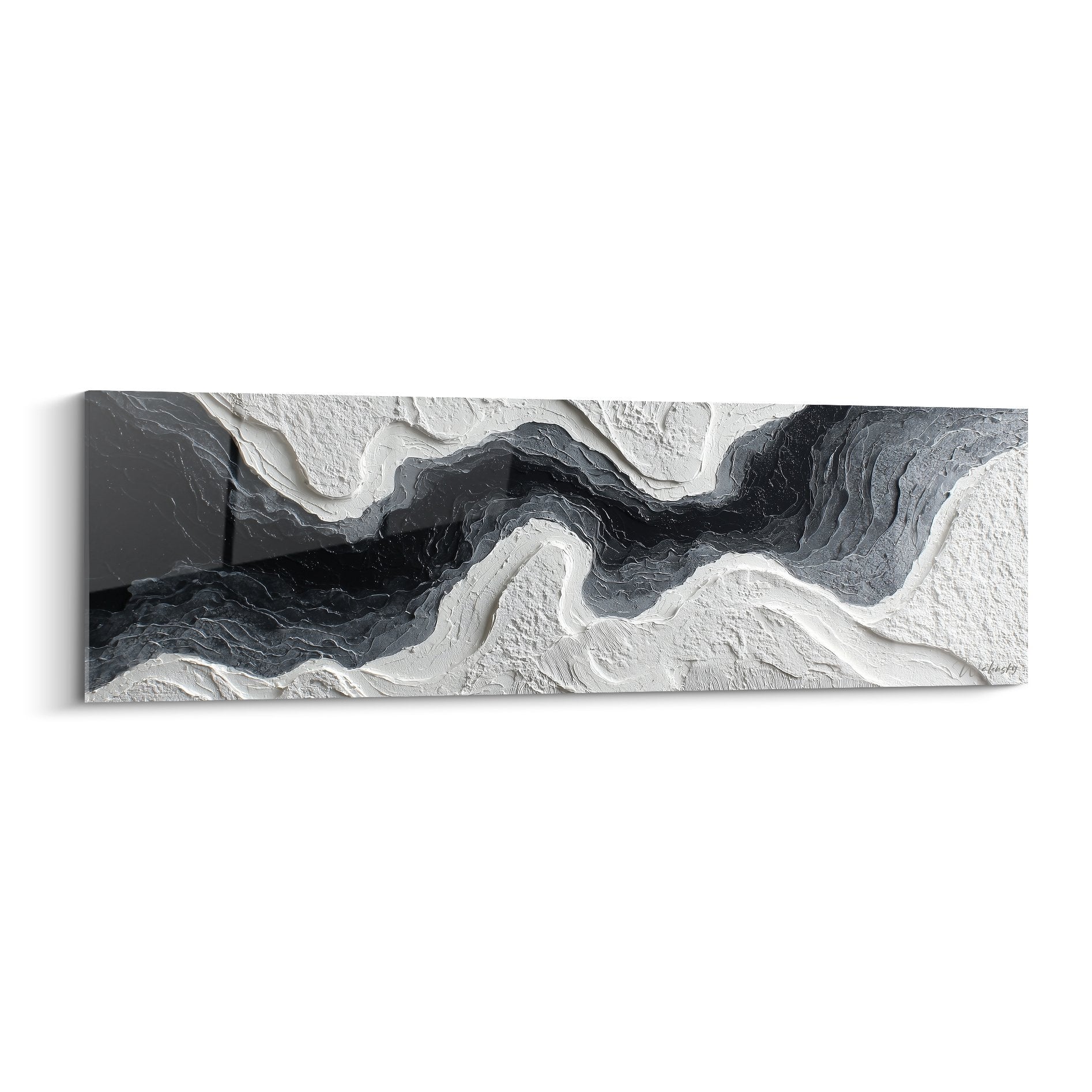 Abstract wavy fluid undulations black white gray relief feng shui metal wall art panoramic