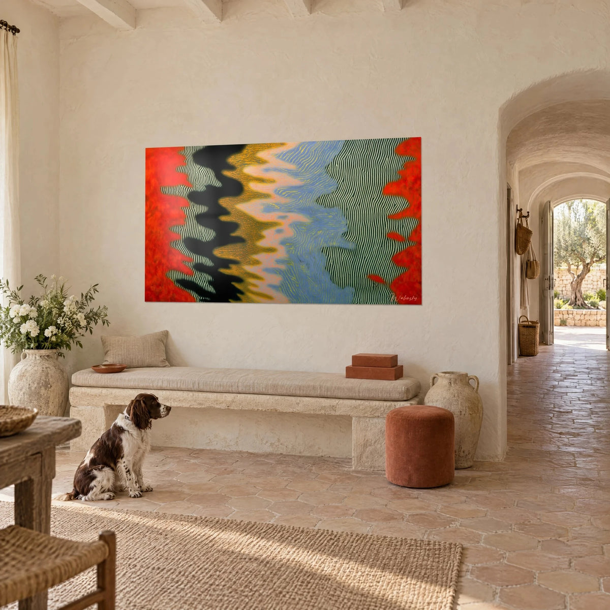 Wall art with optical waves in golden ochre and lavender blue, vibrant black stripes, spaniel sitting in a Provençal farmhouse
