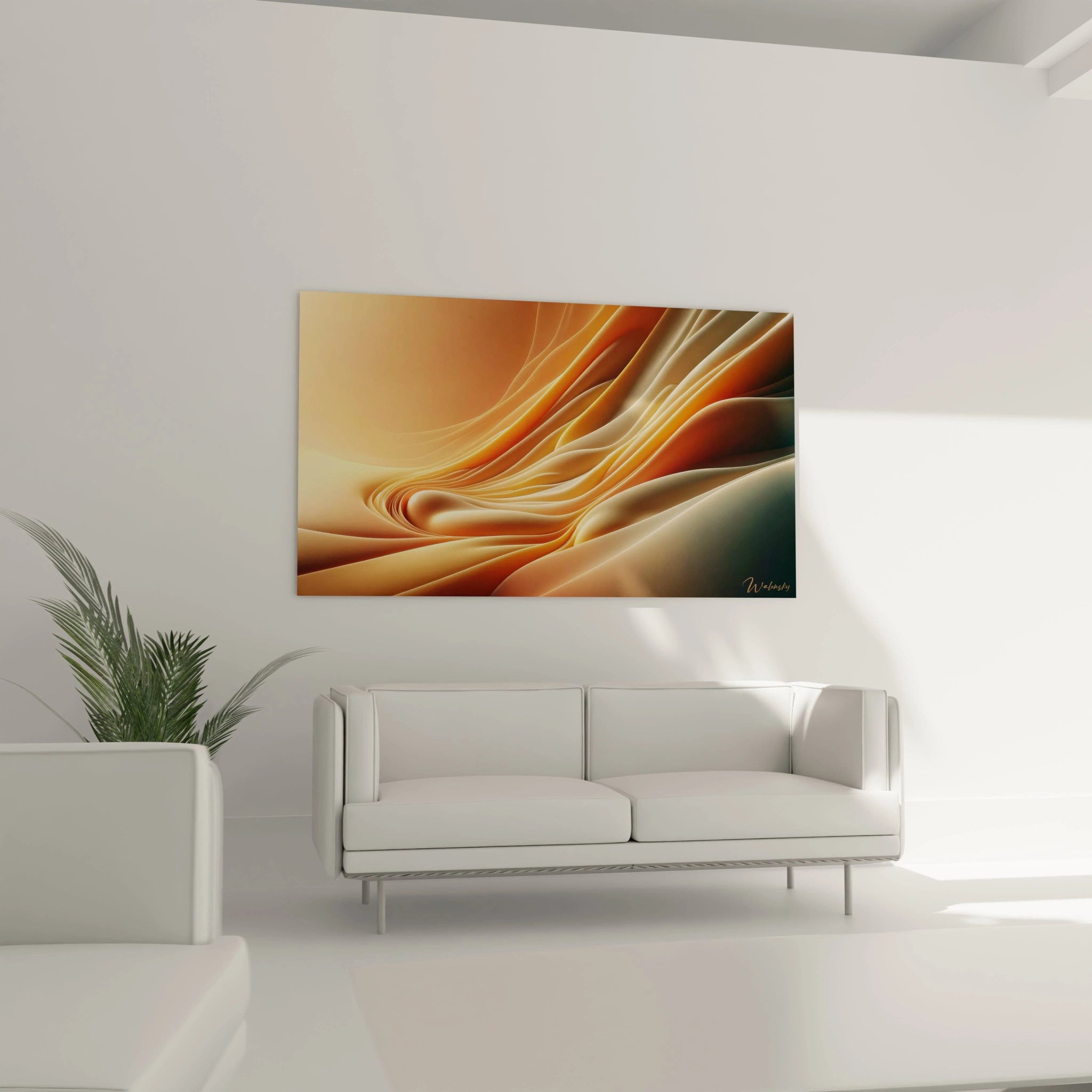 Une œuvre abstraite contemporaine présentant des lignes courbées et des plis fluides, avec des couleurs dominantes beige, orange et doré sur un fond uniforme.