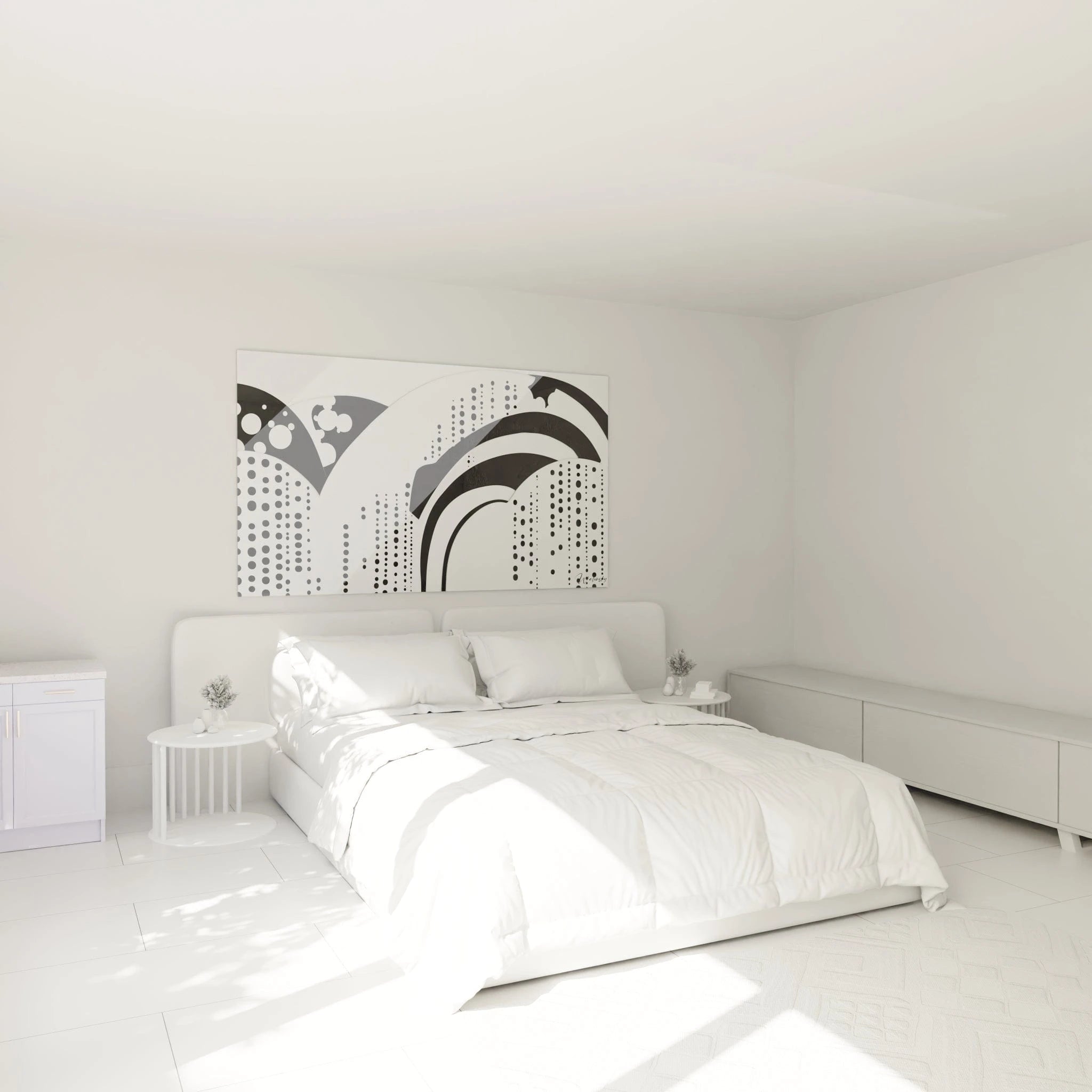 Tableau tacheté noir et blanc Walensky accroché au-dessus d'un lit moderne dans une chambre lumineuse