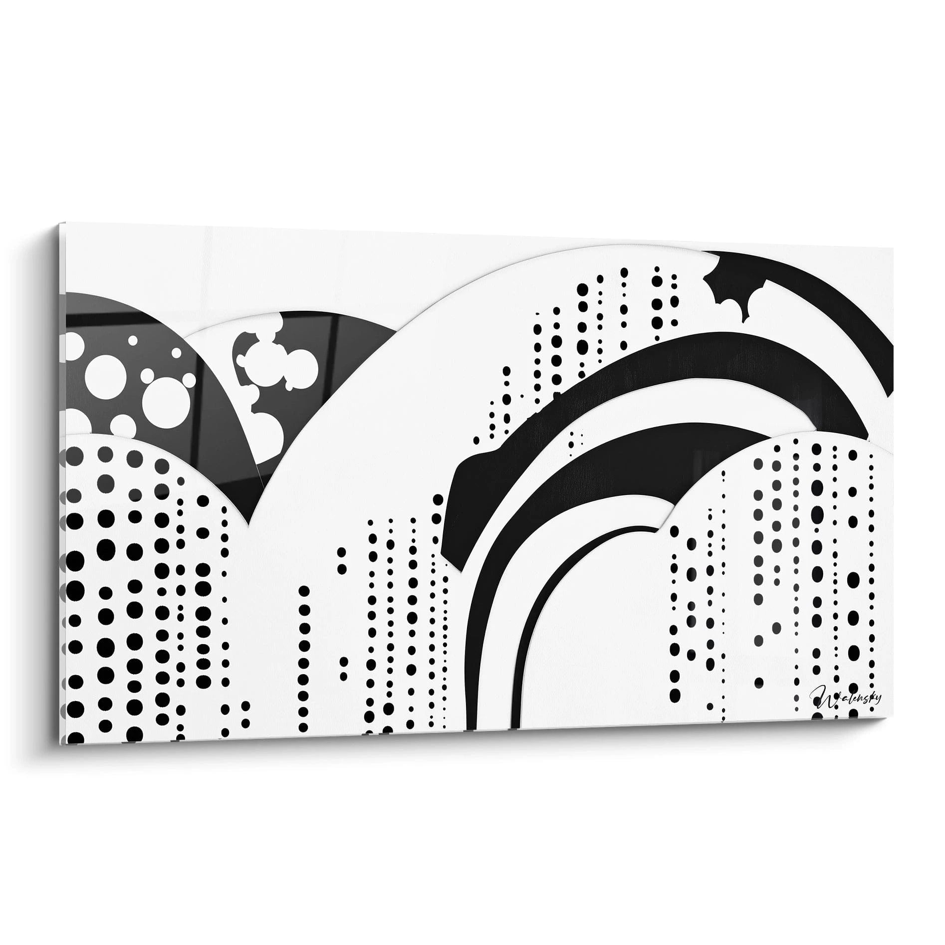 Tableau tacheté noir et blanc de Walensky avec motifs abstraits et formes géométriques