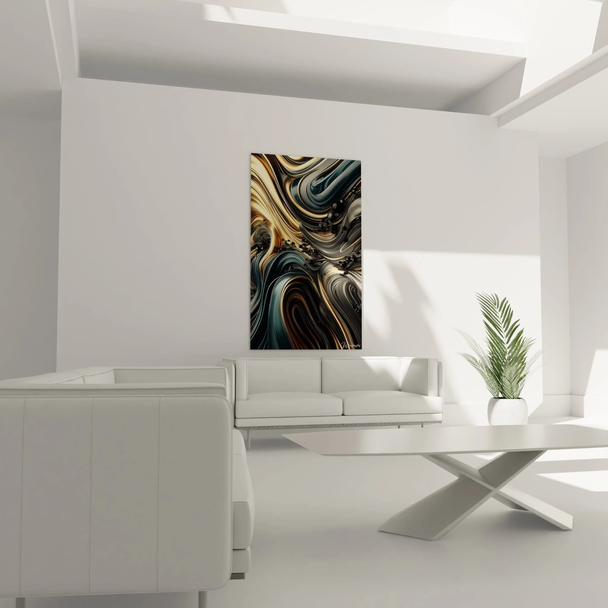 Tableau abstrait montrant un entrelacement de matières fluides à l'aspect métallique. Spectre chromatique limité au bleu-vert foncé, noir, gris argenté et or. Effet visuel de métal liquide avec ondulations lisses et perles noires nichées dans les interstices. Composition abstraite de courbes imbriquées reflétant la lumière et créant des zones d'ombre et de brillance.