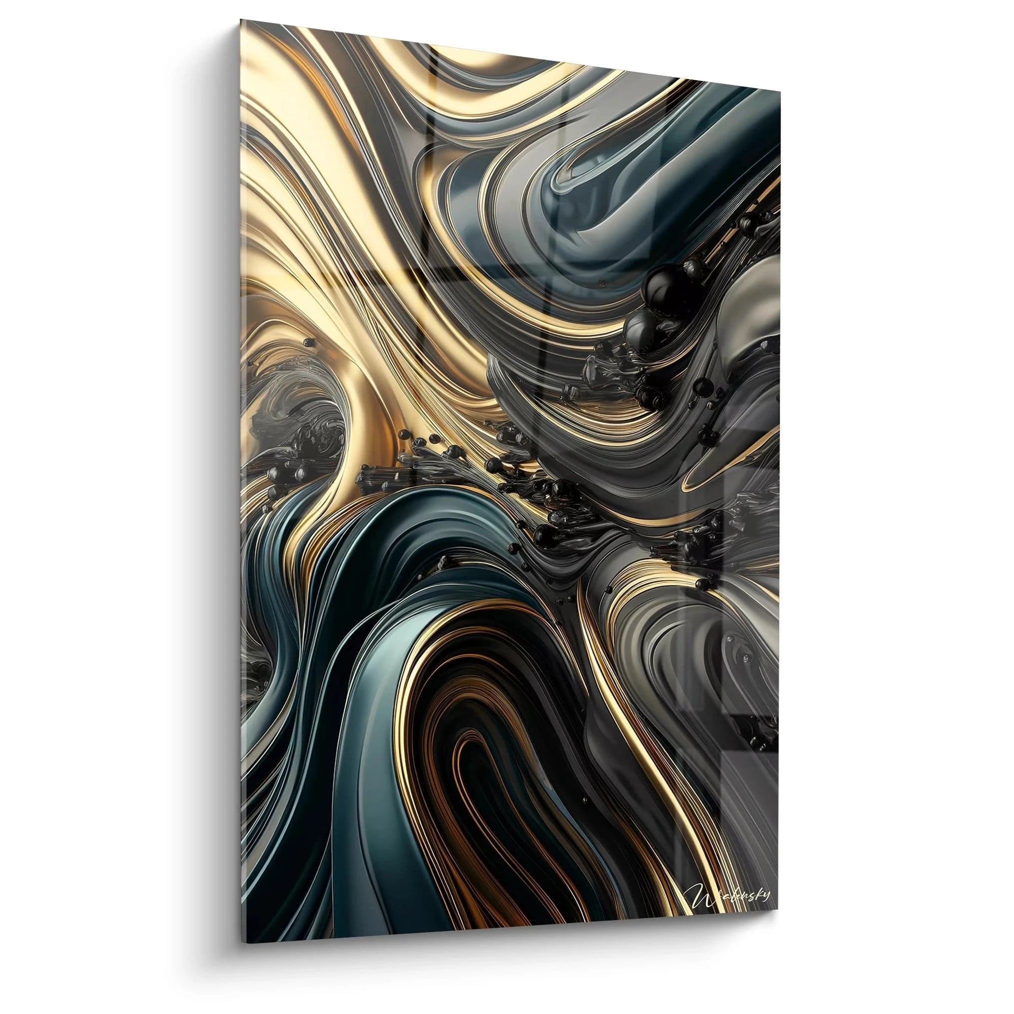 Tableau abstrait représentant des formes ondulantes métalliques entrelacées. Palette luxueuse de noir profond, gris anthracite, bleu pétrole et or brillant. Texture lisse et réfléchissante imitant des surfaces polies avec inclusions sphériques noires. Composition fluide de courbes sinueuses créant un effet tridimensionnel avec jeux de lumière sur les surfaces lustrées.
