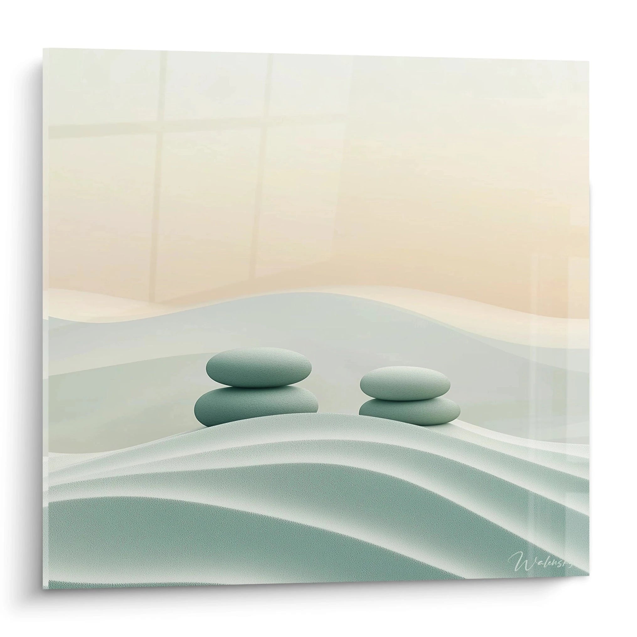 Un tableau paysage minimaliste présentant des galets équilibrés sur des ondulations turquoise douces, avec un dégradé de beige et blanc en arrière-plan, créant une atmosphère zen par ses formes fluides et textures subtilement granuleuses.