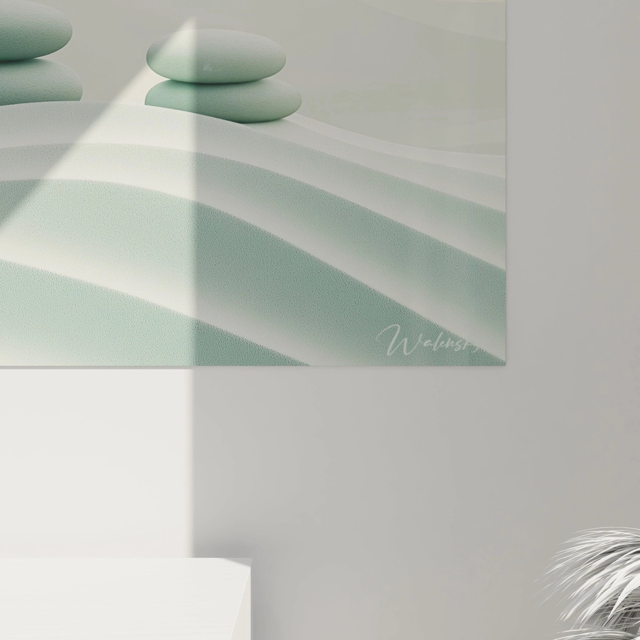 Un tableau paysage apaisant représentant une scène minimaliste avec des pierres empilées sur des dunes stylisées, dans une palette harmonieuse de turquoise pâle et de beige chaud, où les transitions chromatiques créent un effet de profondeur sereine.