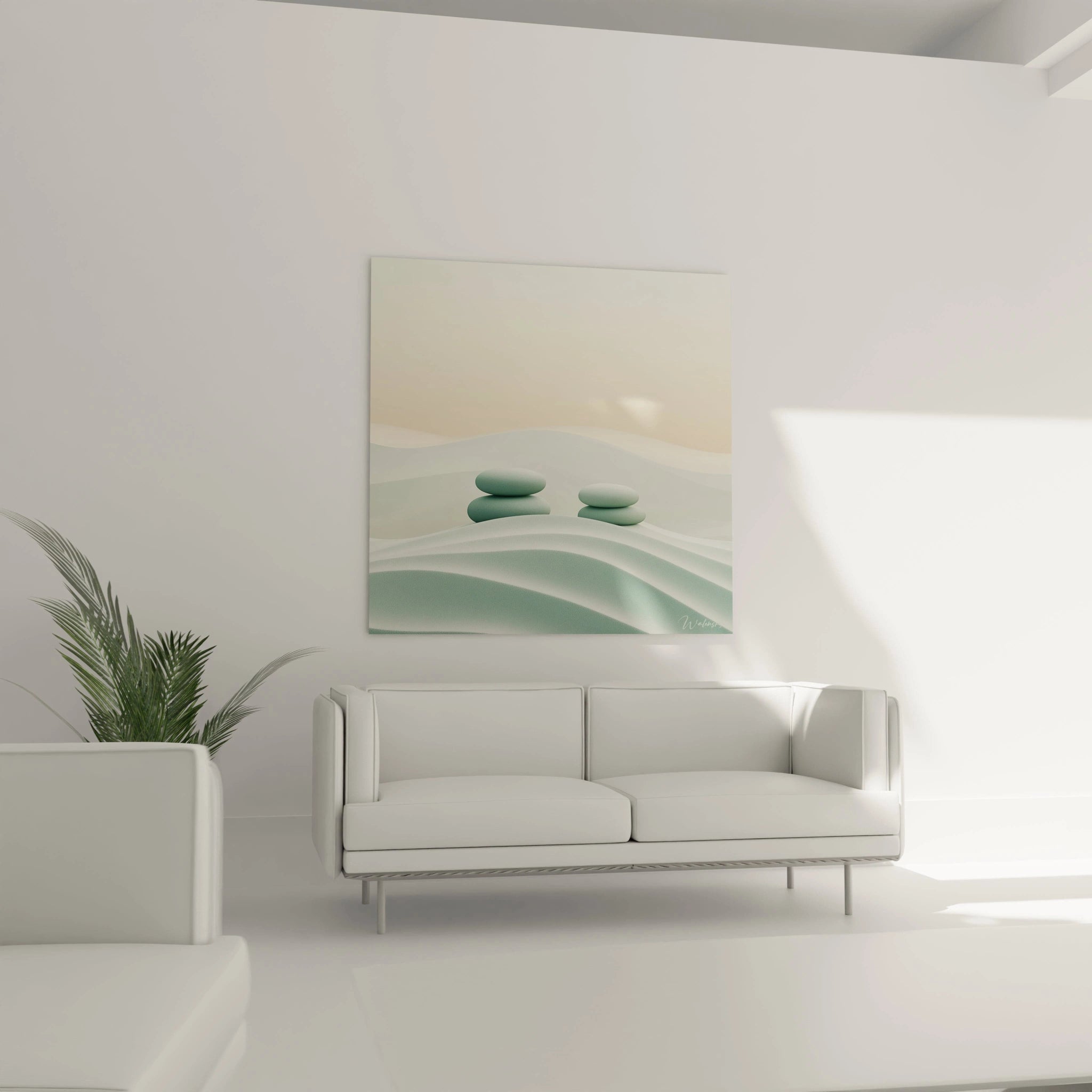 Un tableau paysage méditatif aux tons turquoise et beige, où des galets superposés créent deux points focaux sur un arrière-plan de lignes ondulantes épurées, offrant une composition équilibrée aux textures finement détaillées.