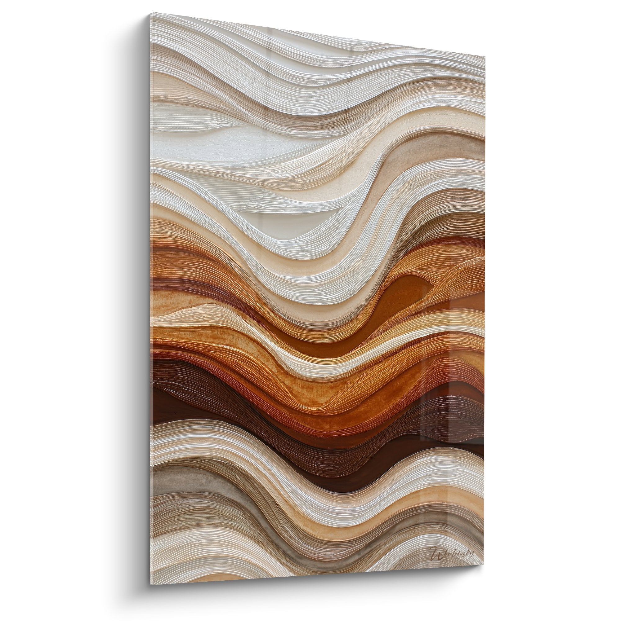 Tableau abstrait ondulations fluides tons terre cuivre blanc nacre mouvement organique feng shui centre terre