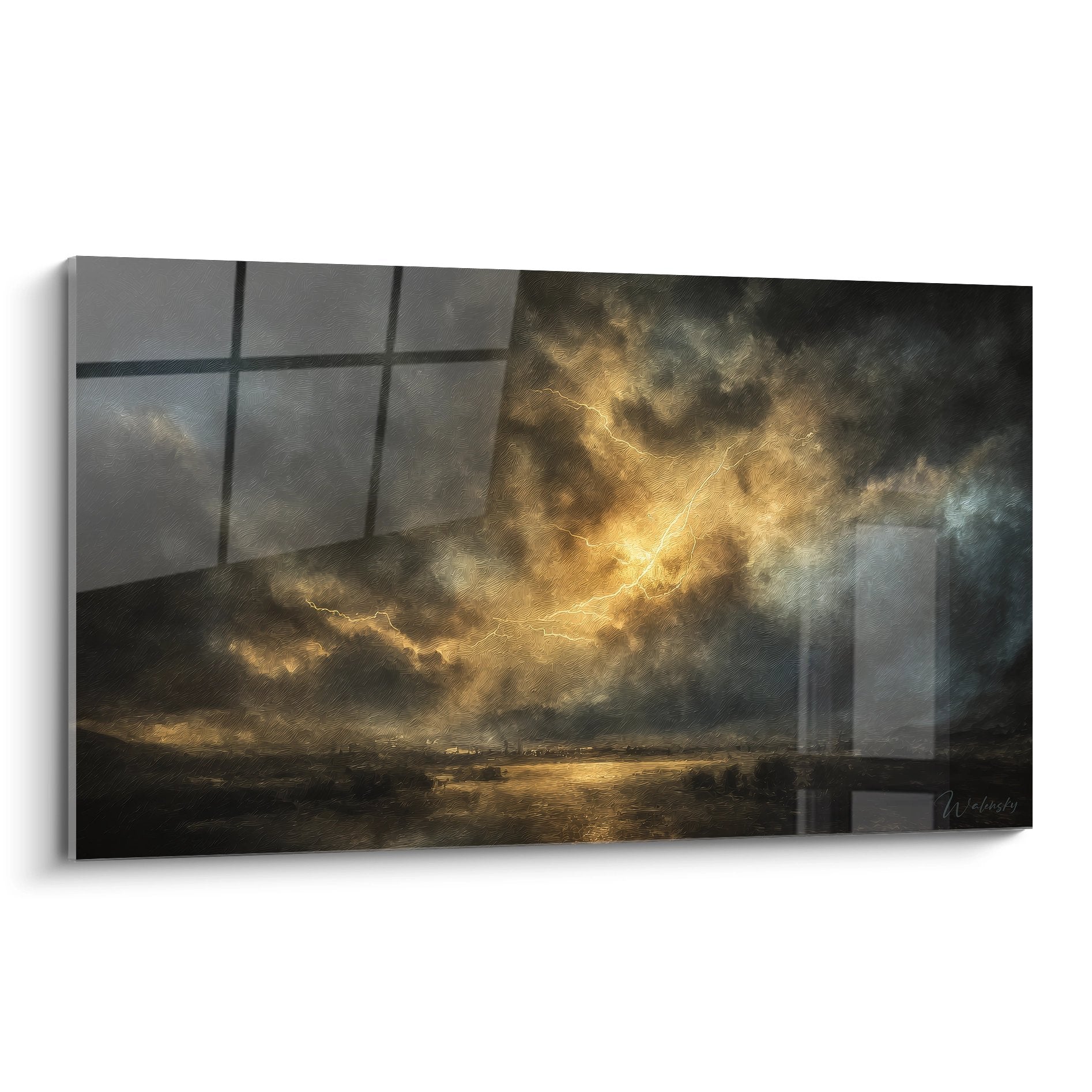 Tableau mural orage dramatique avec éclairs dorés et nuages sombres, tempête spectaculaire