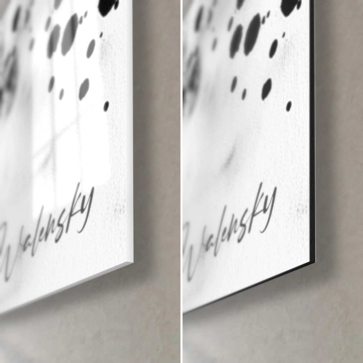 Schilderij inktstorm, rechteronderhoek: zwarte spatten op wit, glanzend glas links, mat Dibond rechts, rand van 3 mm