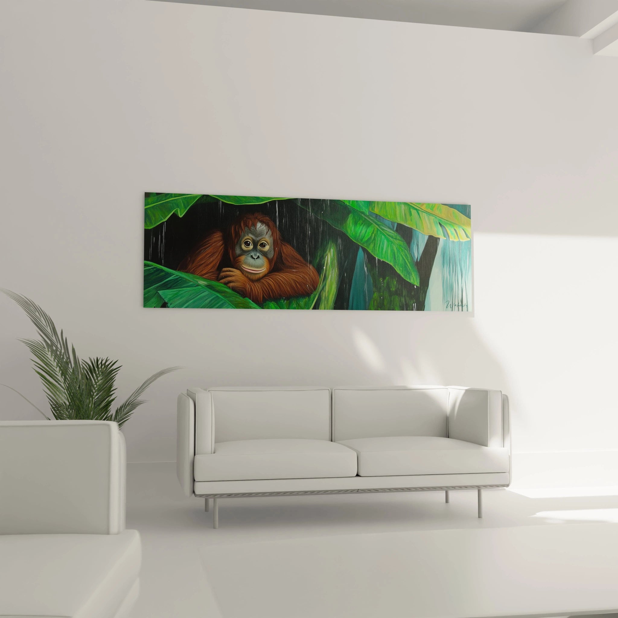 Tableau orang outan Walensky représentant un orang outan au milieu de feuilles vertes vibrant dans un salon moderne