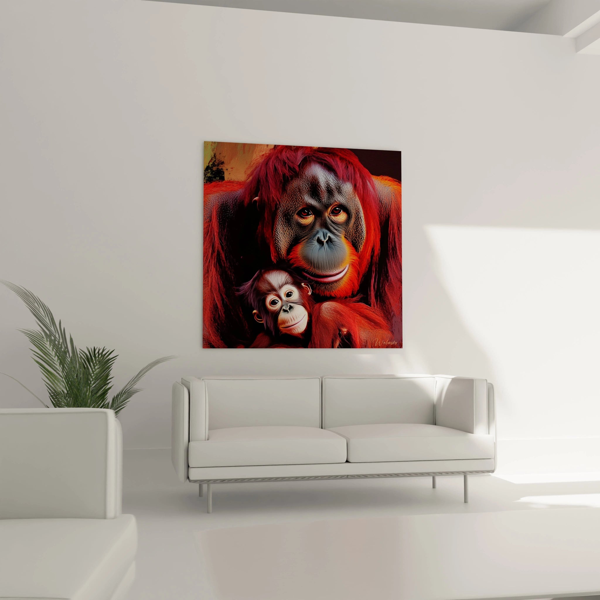 Tableau orang outan Walensky avec image colorée d'une mère orang outan et son bébé dans un salon moderne