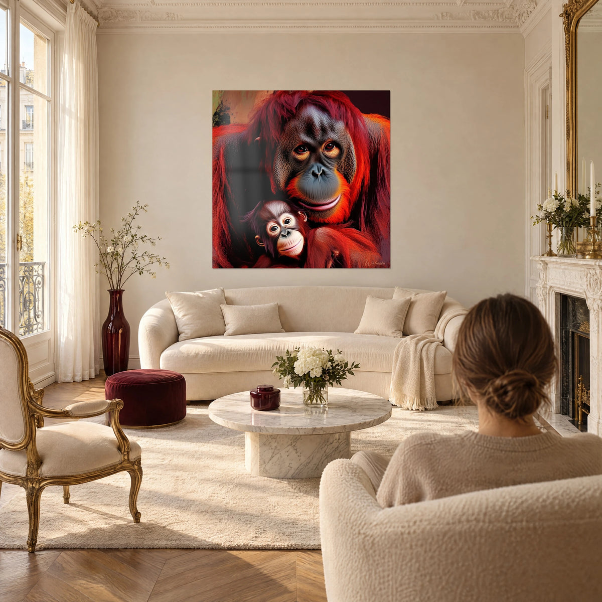 Schilderij vrouwelijke orang-oetan met vurig rood vacht die haar jong knuffelt, grijs gezicht, boven een bank in een lichte woonkamer