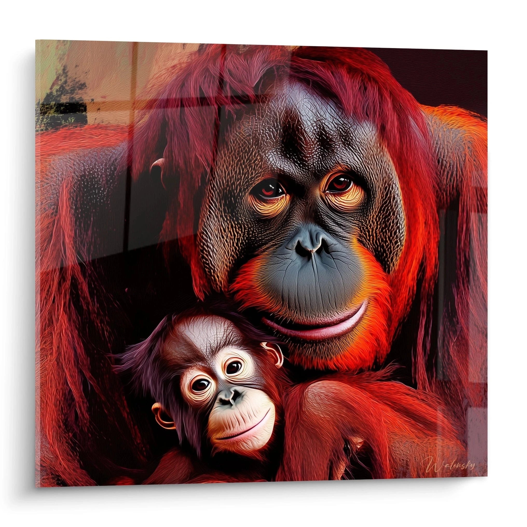 Tableau orang outan Walensky représentant une mère orang outan avec son bébé aux couleurs vives