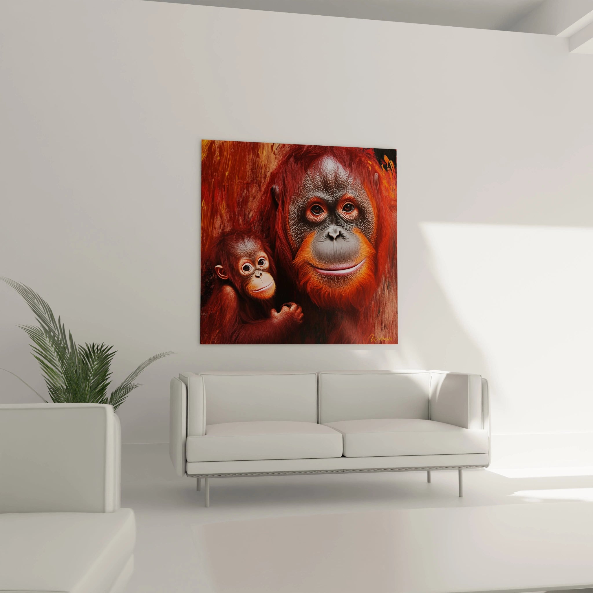 Tableau orang outan Walensky avec portrait détaillé de mère et bébé orang outan rouge accroché dans un salon moderne