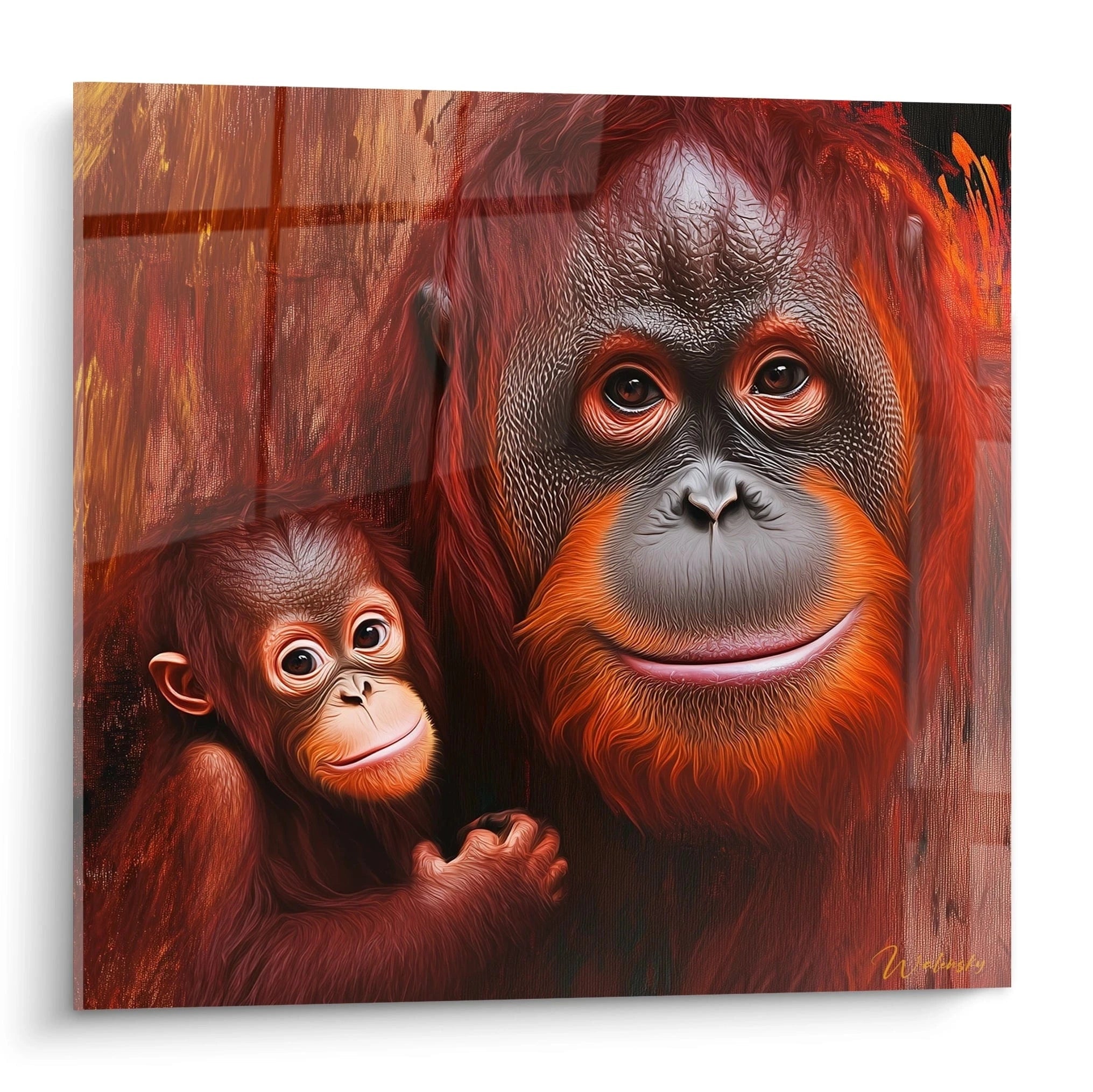 Tableau orang outan Walensky avec deux singes orangs outans aux expressions réalistes et fond artistique orange