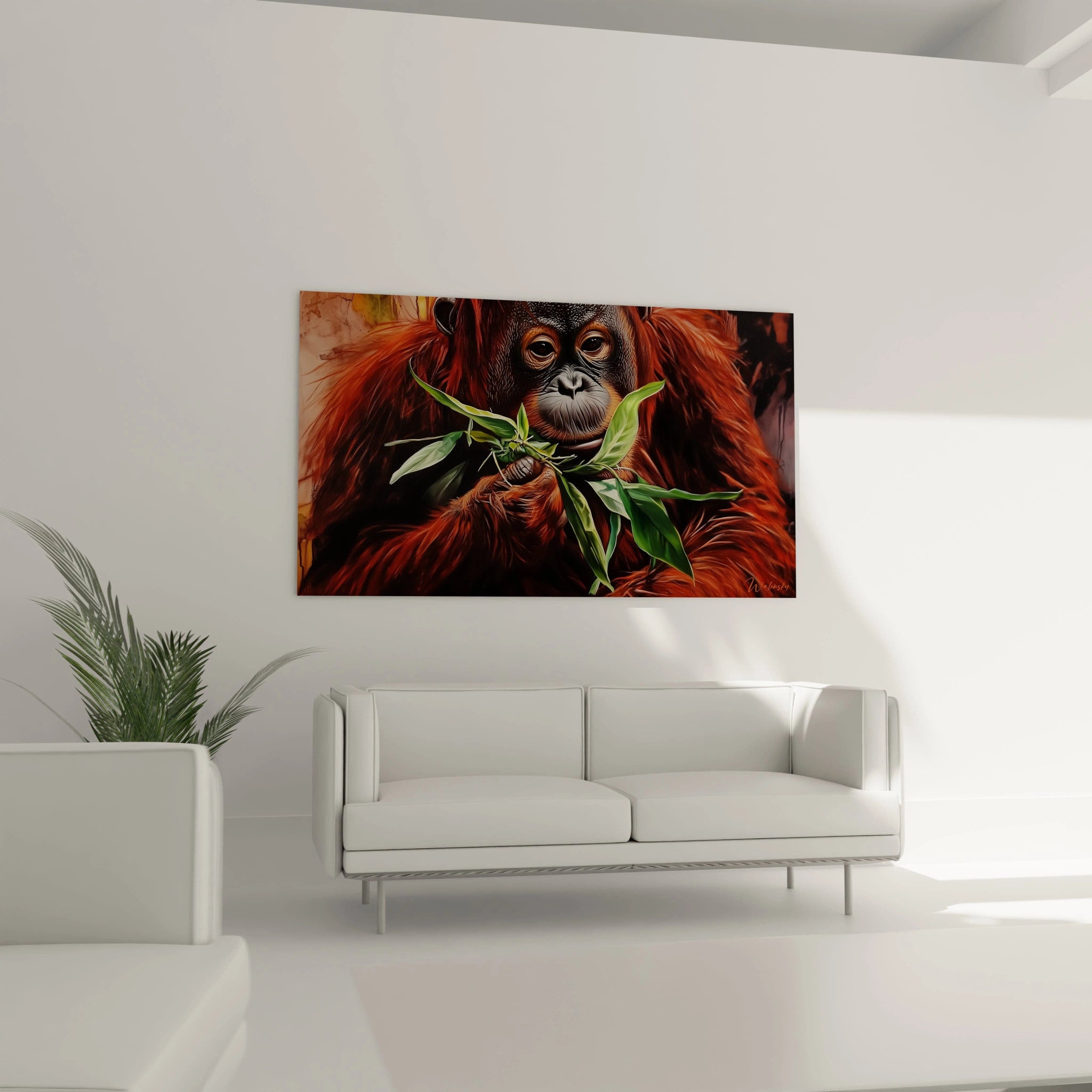 Tableau orang outan Walensky accroché dans un salon moderne avec canapé blanc et plante verte