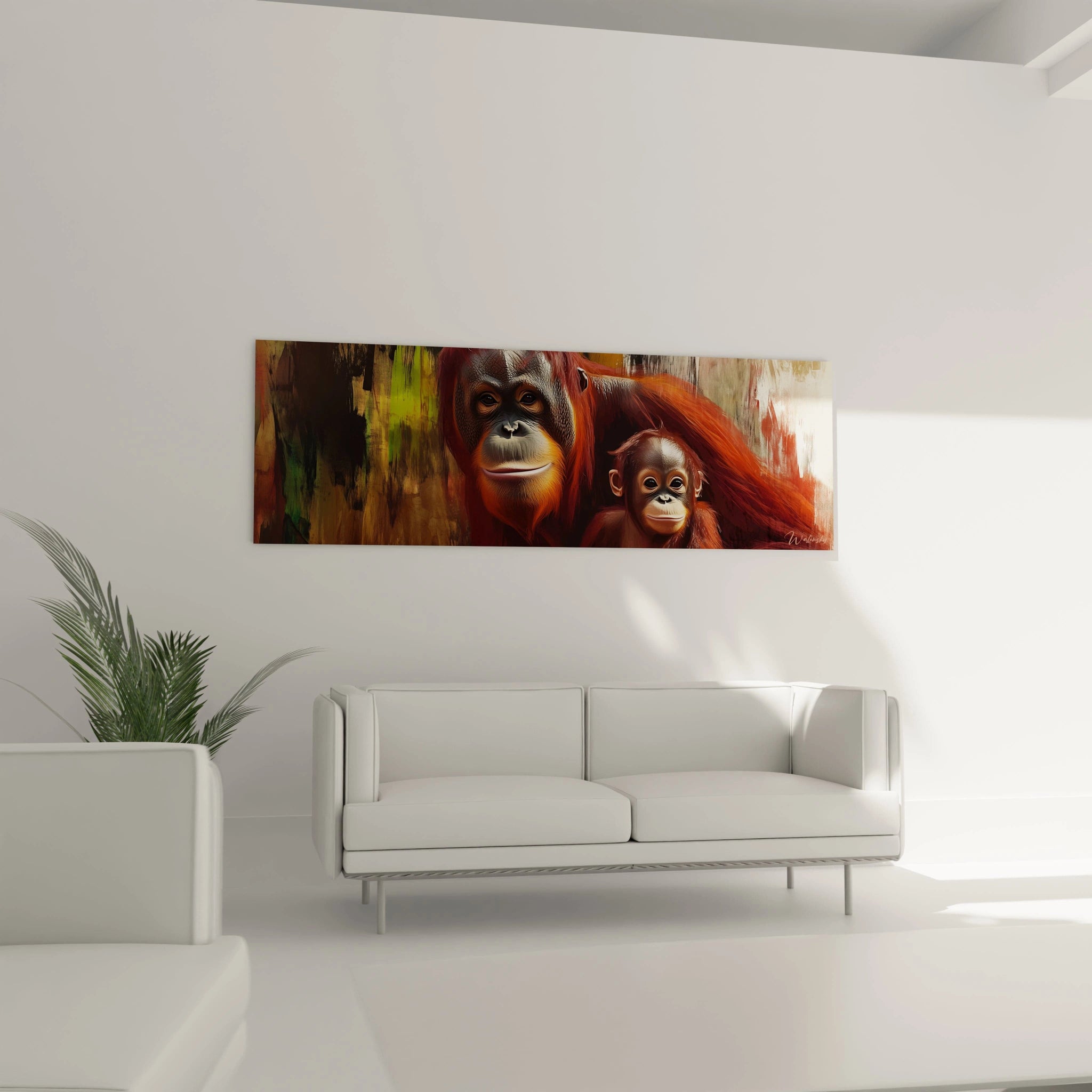 Tableau orang outan Walensky accroché au mur d'un salon moderne blanc avec canapé et plante verte