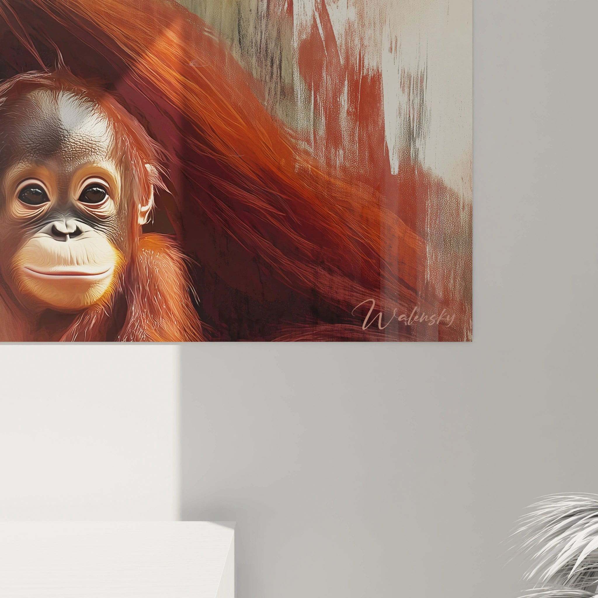 Tableau orang outan Walensky représentant un jeune orang outan aux teintes chaudes et réalisme détaillé