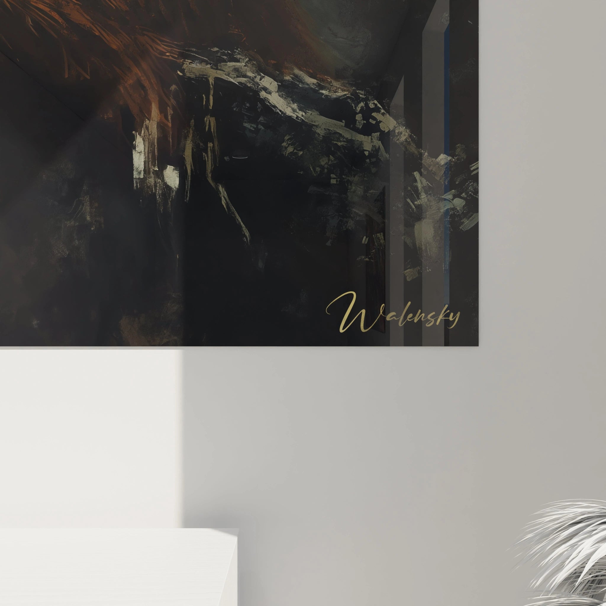 Tableau orang-outan artistique capturant l'intensité du regard du primate. Fourrure rousse minutieusement détaillée se détachant sur un fond aux nuances de vert-gris, composition centrée sur l'expression contemplative du grand singe.