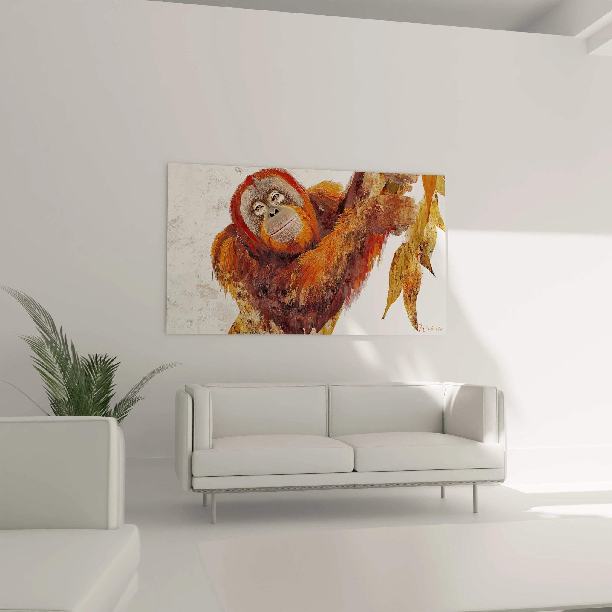 Un tableau orang-outan artistique présentant un primate dans une position détendue, caractérisé par des traits fluides et des couleurs chaudes. Le contraste entre le pelage vibrant orange-marron et l'arrière-plan beige crée une profondeur visuelle saisissante.