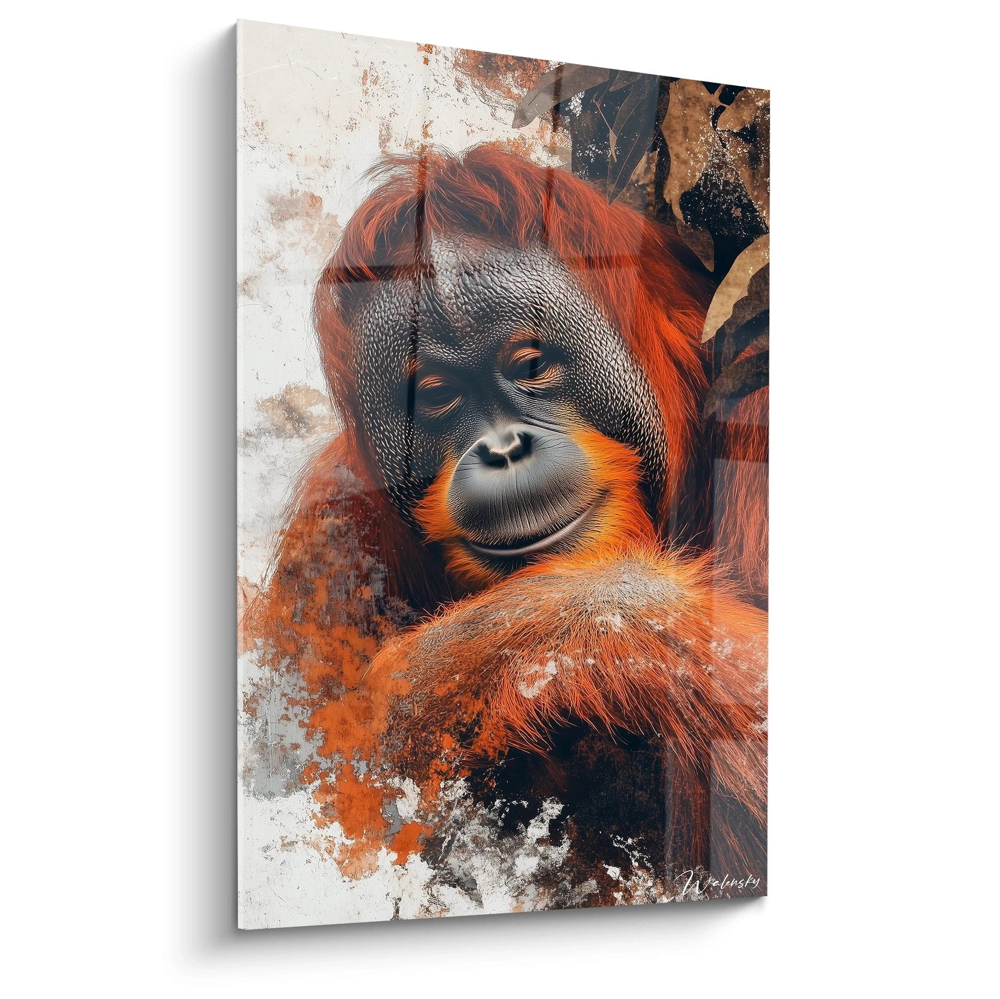 Un tableau orang-outan au regard intense, montrant un portrait rapproché avec pelage roux vibrant et visage expressif sur fond texturé blanc et noir. Détails précis des traits faciaux et contrastes saisissants entre la peau sombre et le poil orangé.