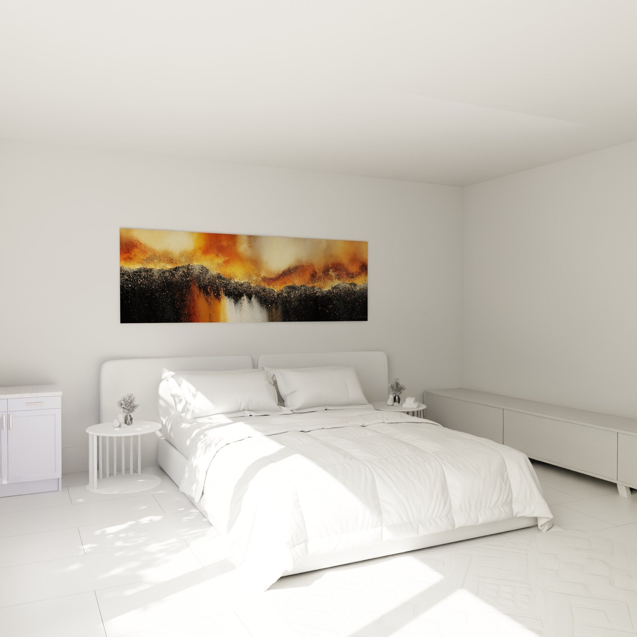 Tableau abstrait tons chauds orange dore dans chambre moderne decoration feng shui centre terre ambiance apaisante
