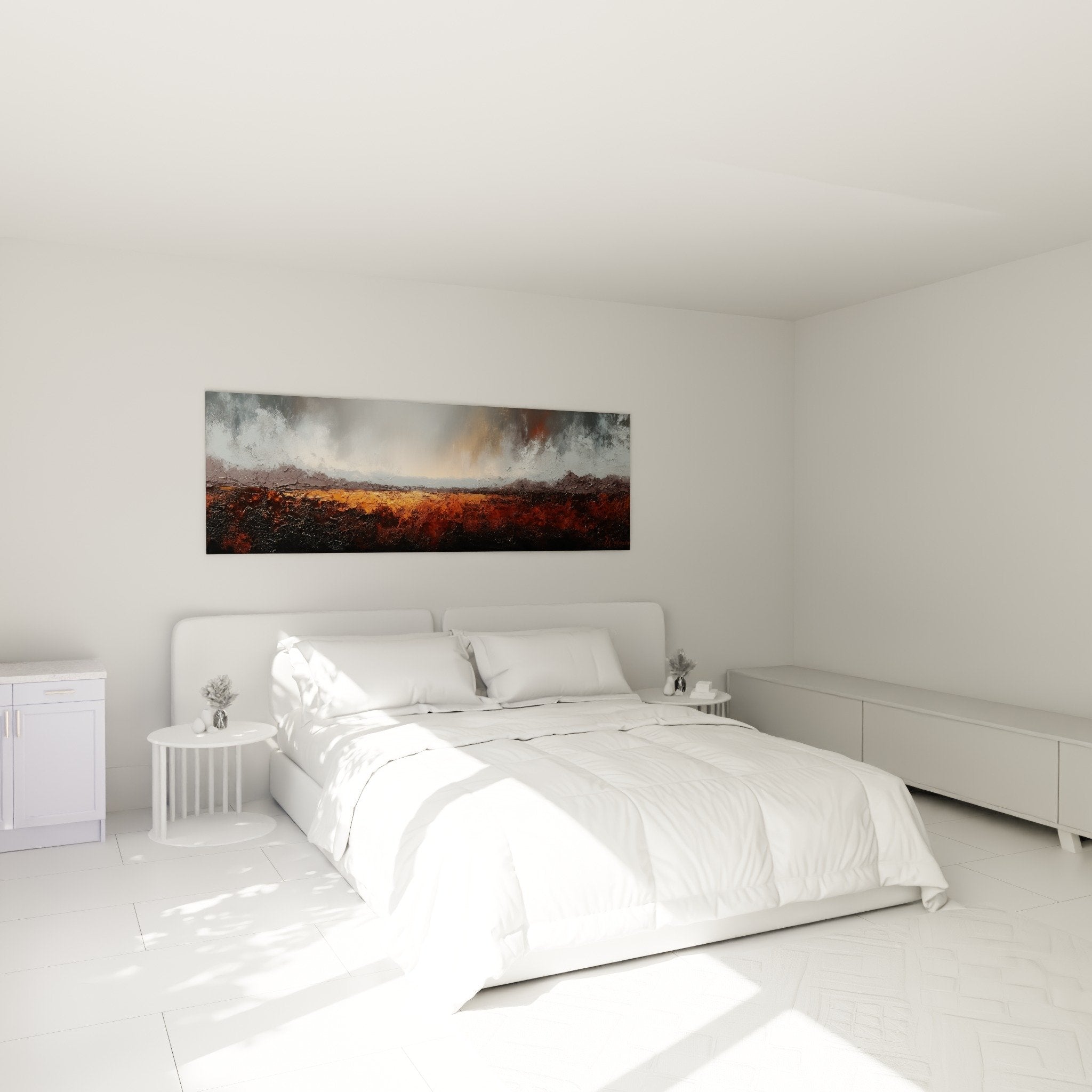 Tableau abstrait orange rouille dans chambre moderne decoration murale feng shui ambiance chaleureuse