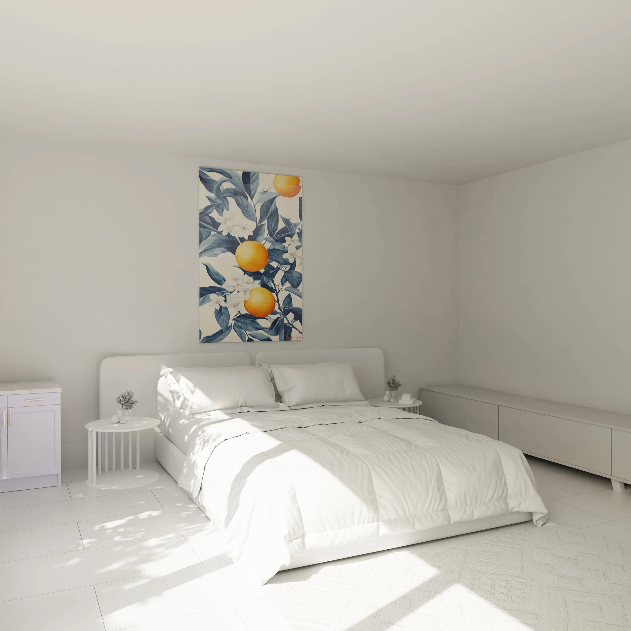 Un tableau Oranger nature représentant des agrumes détaillés avec une surface granuleuse, entourés de feuilles aux nuances bleutées et de fleurs blanches délicates, le tout sur un fond clair.