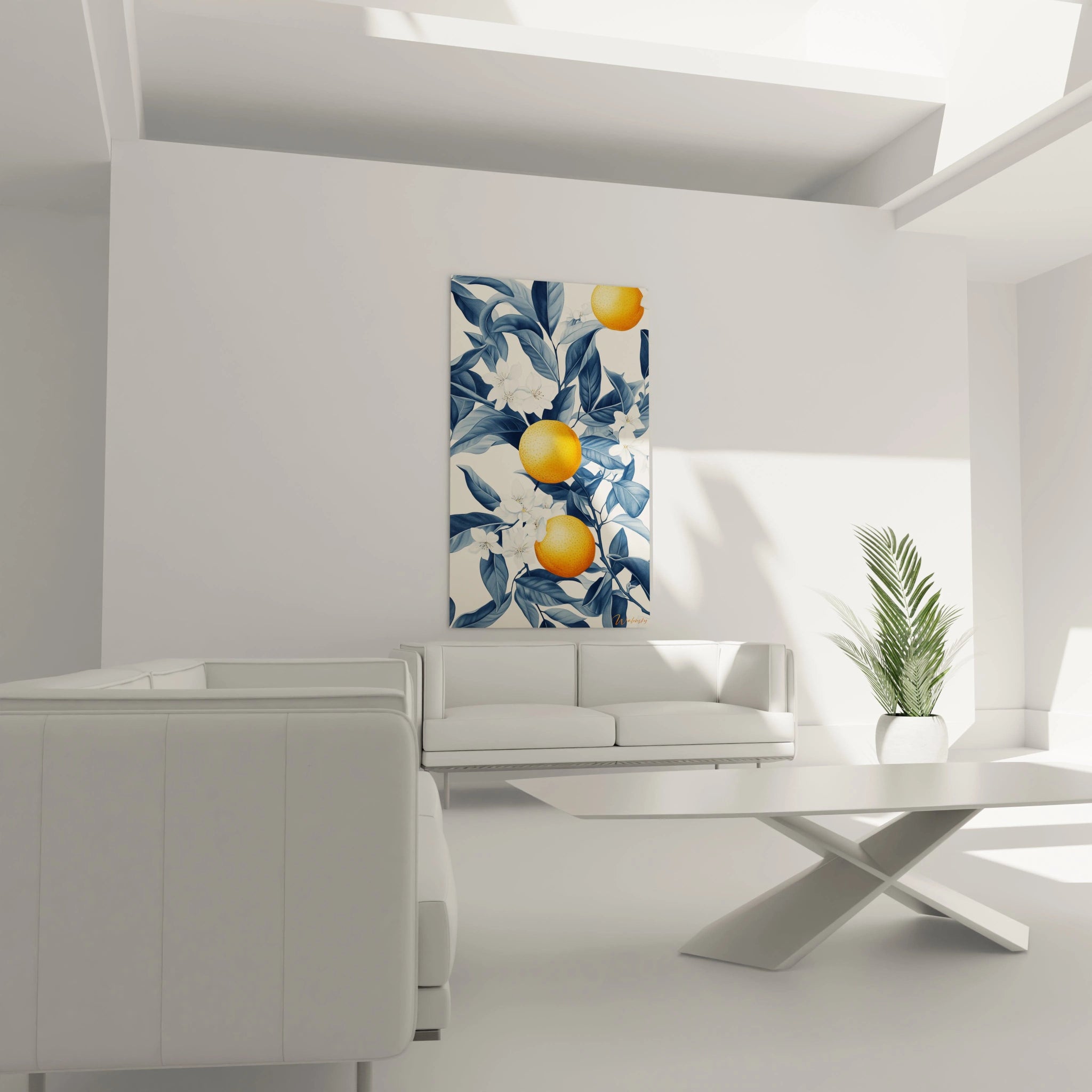 Un tableau Oranger nature mettant en avant des fruits orange lumineux, intégrés dans une composition de feuillage bleu aux détails précis, agrémentée de fleurs blanches aux contours fins et nets.