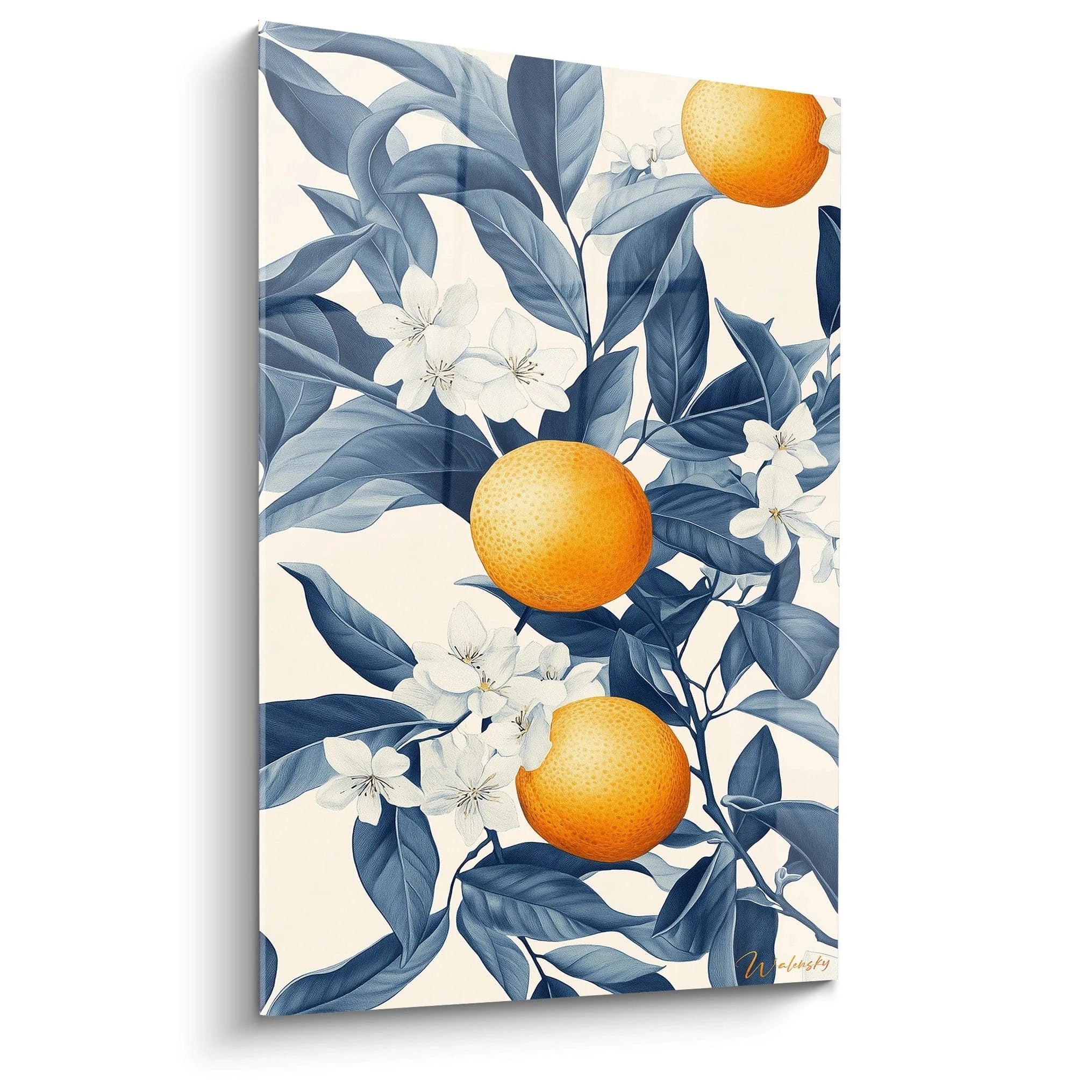 Un tableau Oranger nature illustrant des oranges texturées en teinte vive sur un fond de feuillage bleu profond, accompagné de fleurs blanches aux pétales lisses, créant un contraste marqué.