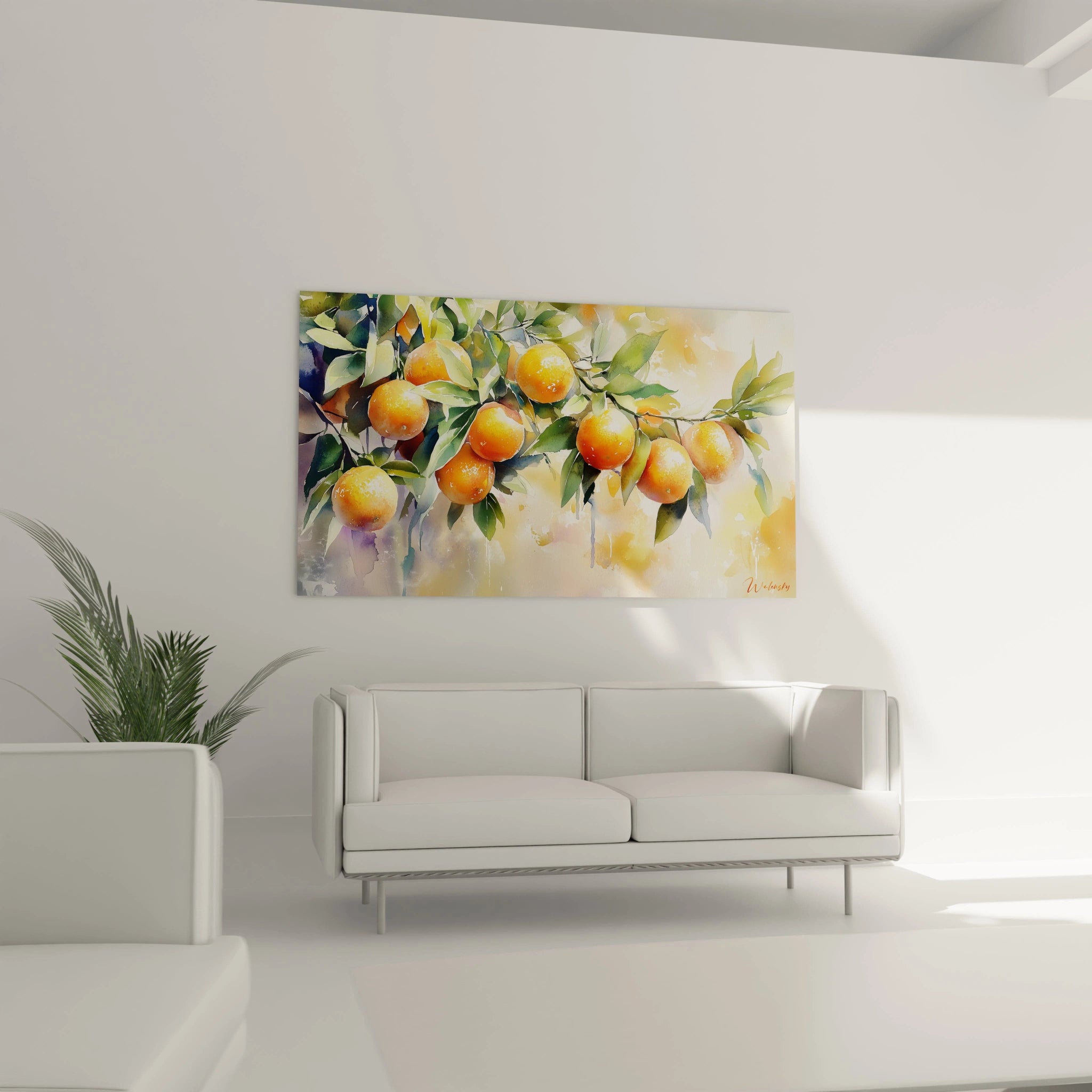 Un tableau Oranger nature représentant un oranger avec des fruits en tons chauds, entourés de feuilles aux reflets verts et dorés. L'effet pictural aquarellé laisse apparaßtre des dégradés fluides.