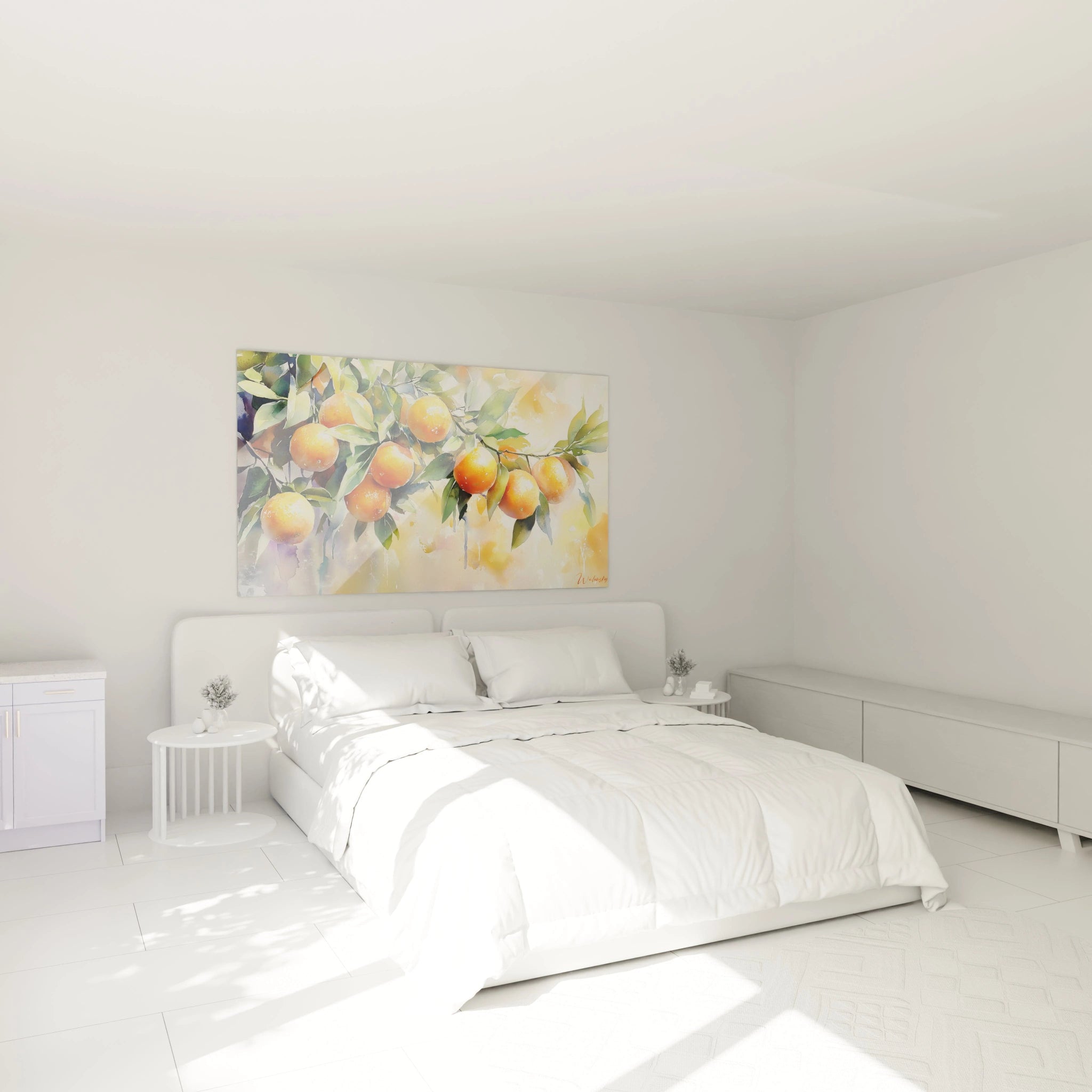 Un tableau Oranger nature montrant des fruits orange vif accrochés à des feuillages verts, sur un fond dégradé beige. Des touches d'eau et des nuances diffuses créent une texture douce et vaporeuse.