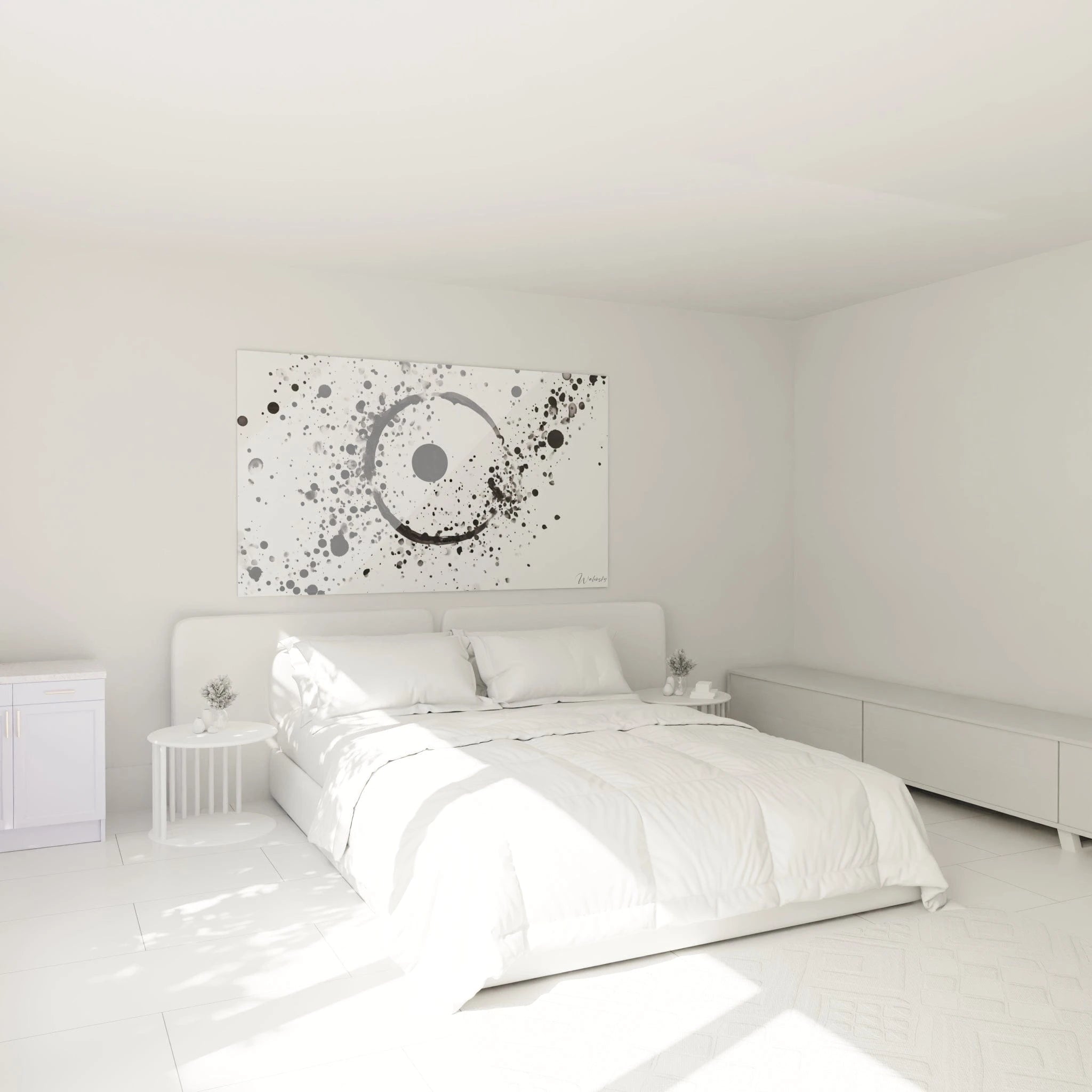 Tableau Walensky tacheté noir et blanc sur mur dans une chambre lumineuse et moderne