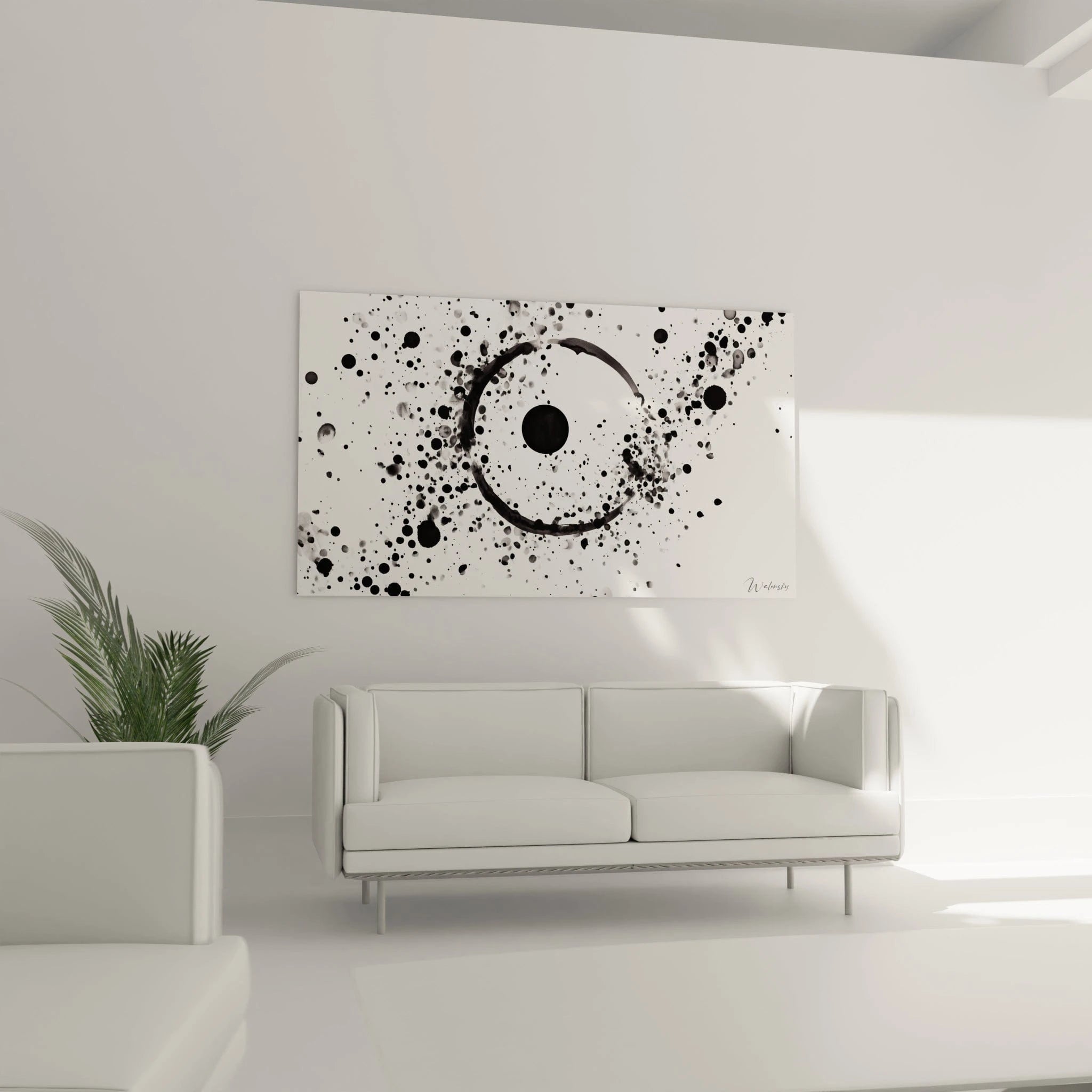 Tableau tacheté noir et blanc de Walensky, parfait pour un salon moderne et élégant