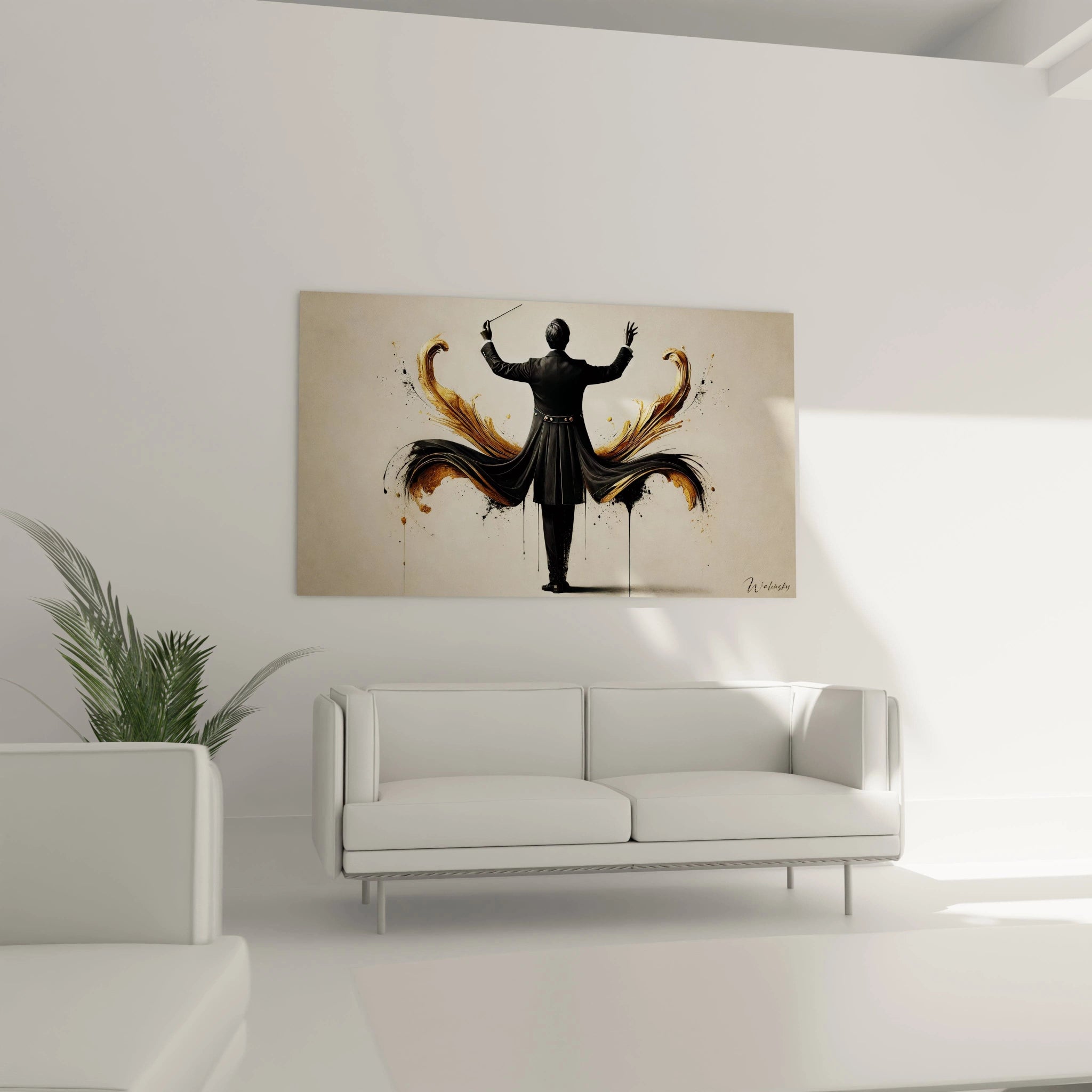 Une œuvre artistique suspendue dans un salon moderne, mêlant un musicien abstrait et des formes dynamiques.