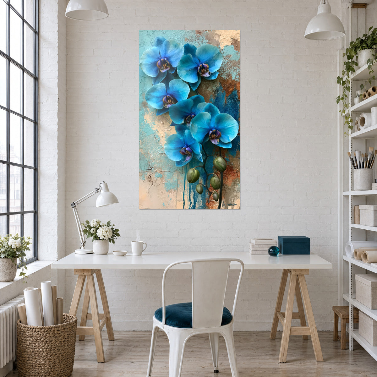 Gemälde mit einem Zweig ozeanblauer Orchideen, grünen Knospen und kupferfarbenem Hintergrund, über einem weißen Schreibtisch vor einer großen Glasfront