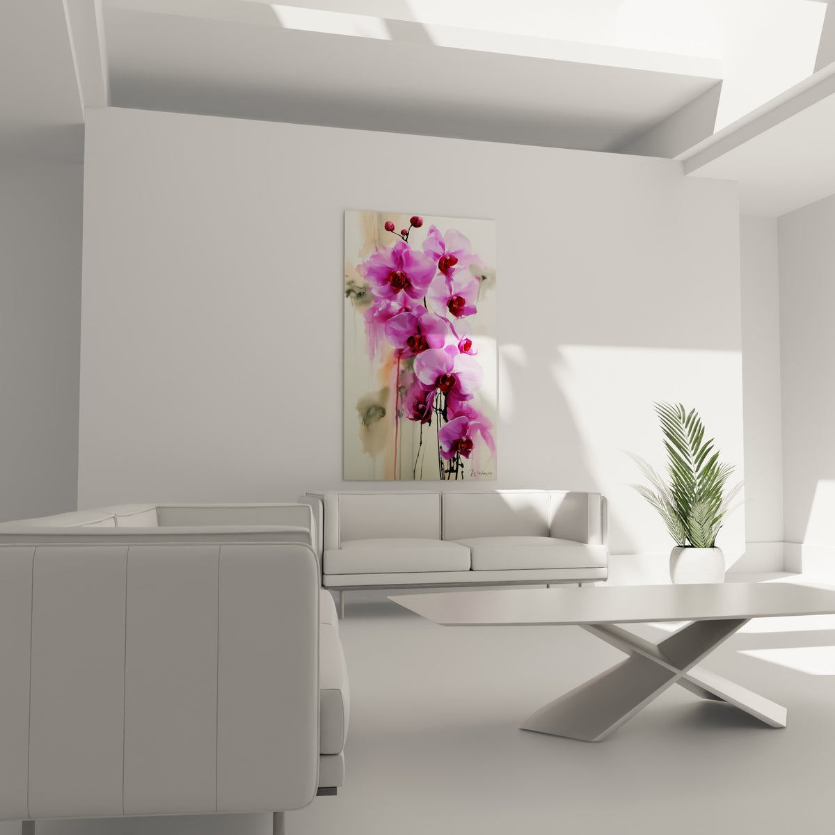 Fleurs d'orchidée rose et pourpre suspendues au-dessus d'un canapé dans un salon lumineux