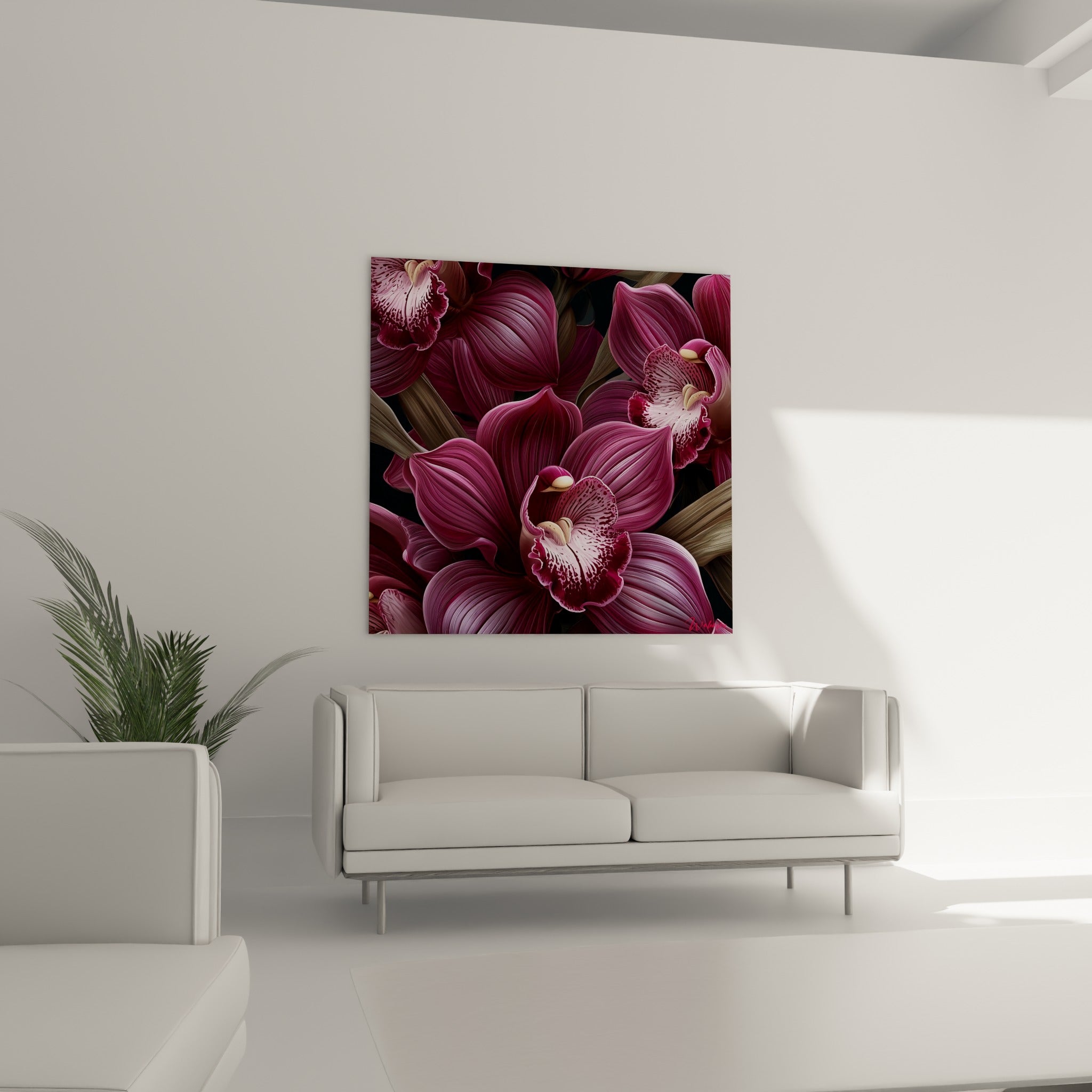 Pétales pourpres et crème d'orchidée disposés au-dessus d'un canapé dans un salon lumineux