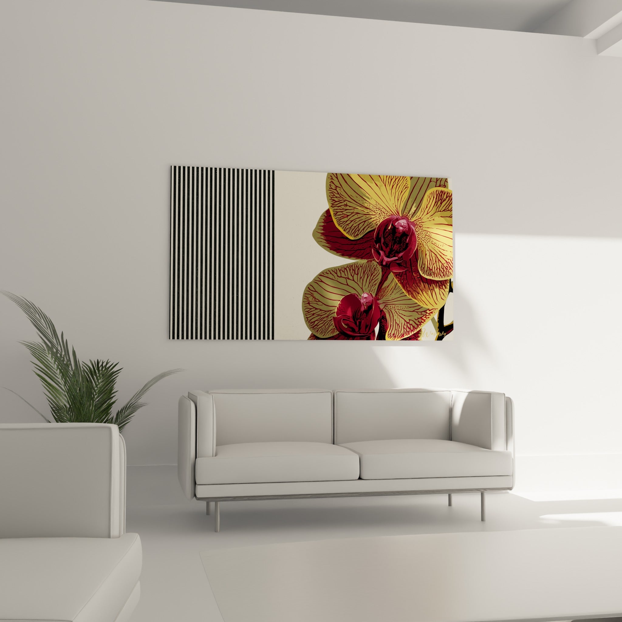 Pétales d'orchidée ocre et bordeaux illustrés au-dessus d'un canapé dans un salon lumineux