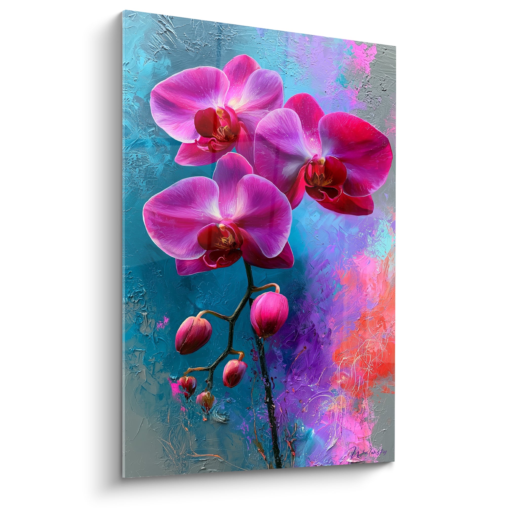 Orchidée fuchsia et magenta aux pétales texturés sur fond bleu turquoise et violet