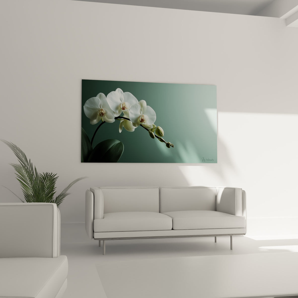 Pétales blancs d'orchidée et cœur brun rouille au-dessus d'un canapé dans un salon lumineux