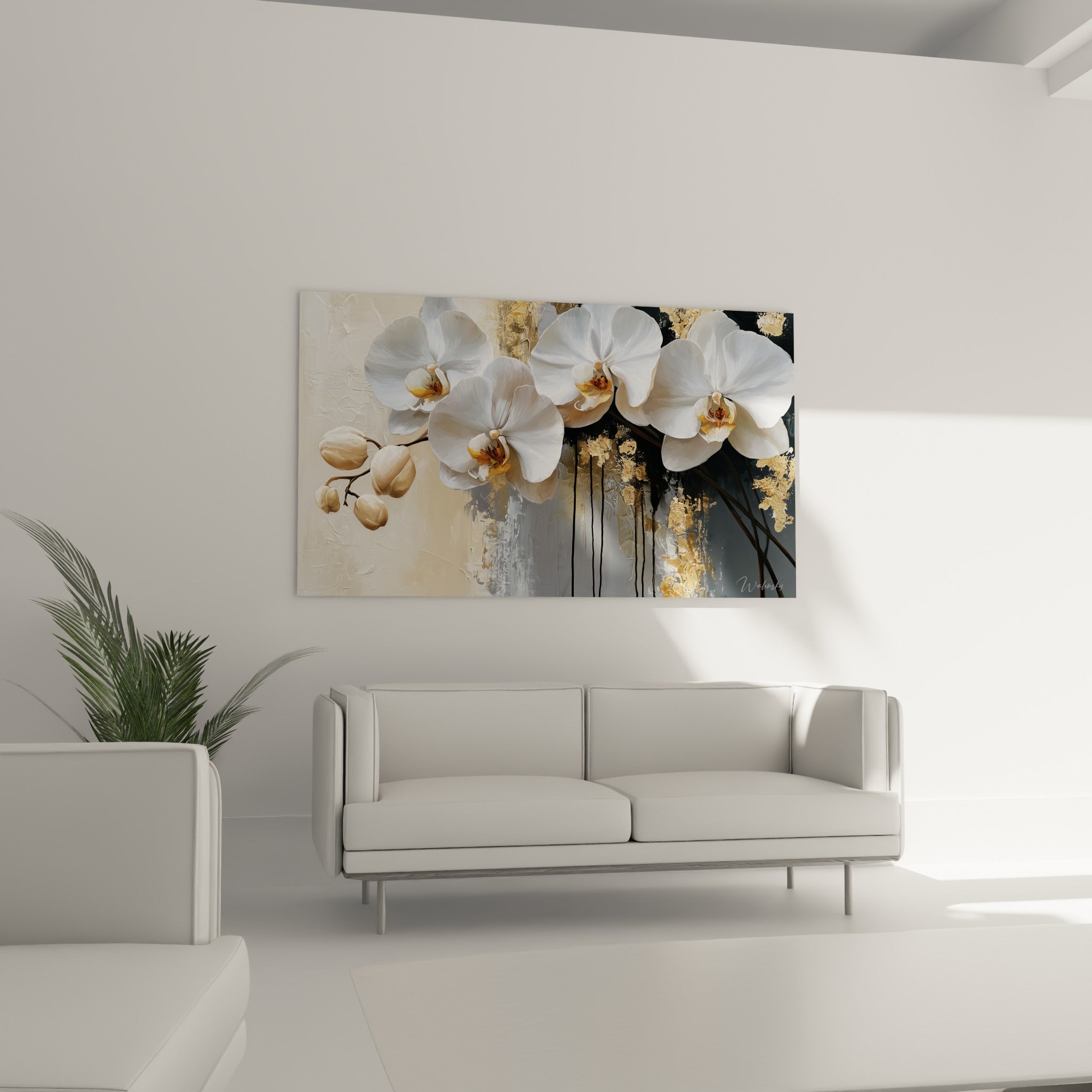 Pétales d'orchidée blancs et dorures noires ruisselantes, au-dessus d'un canapé dans un salon lumineux