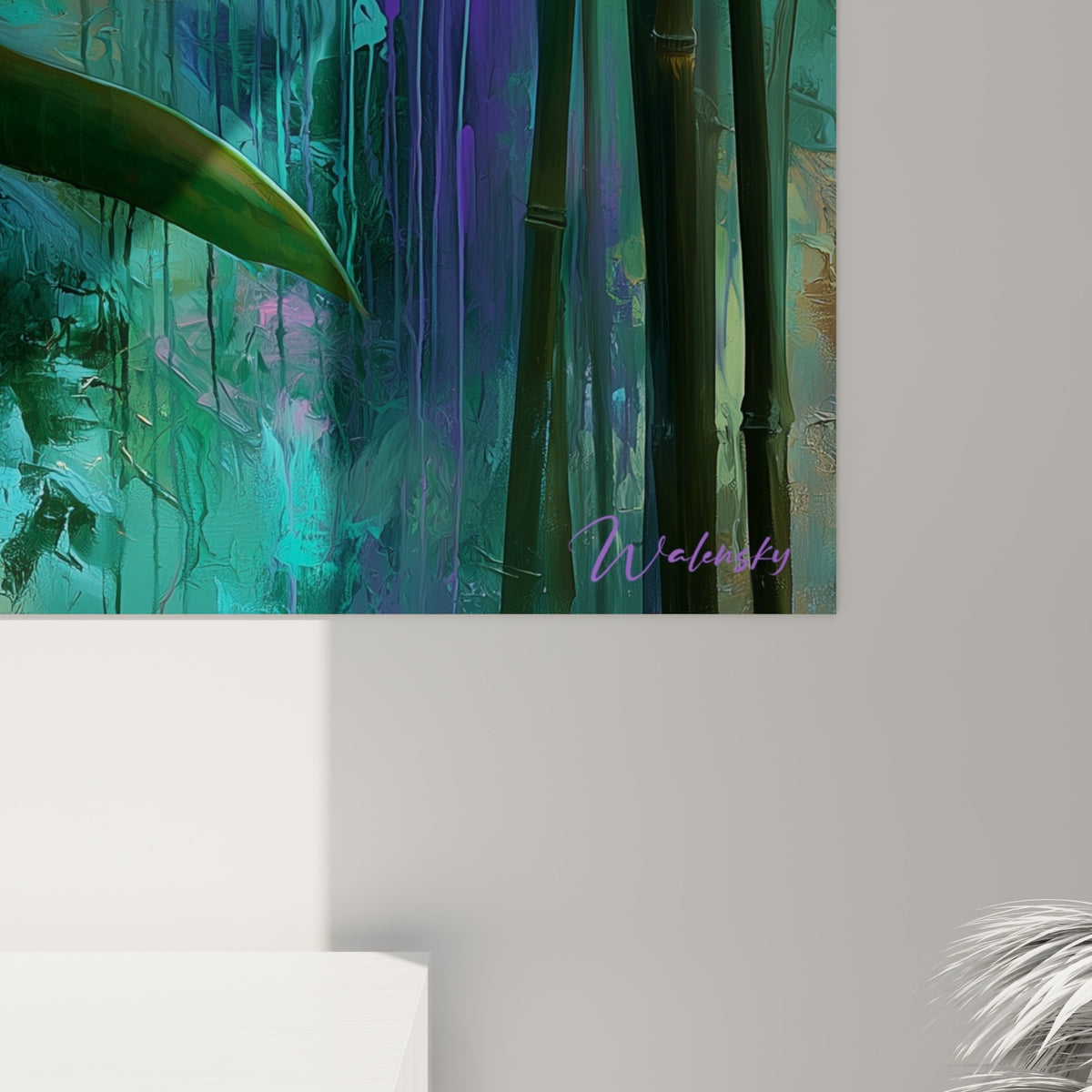 Pétales violets et cœurs orangés d'Orchidée en gros plan, empâtements turquoise et coulures dorées visibles.