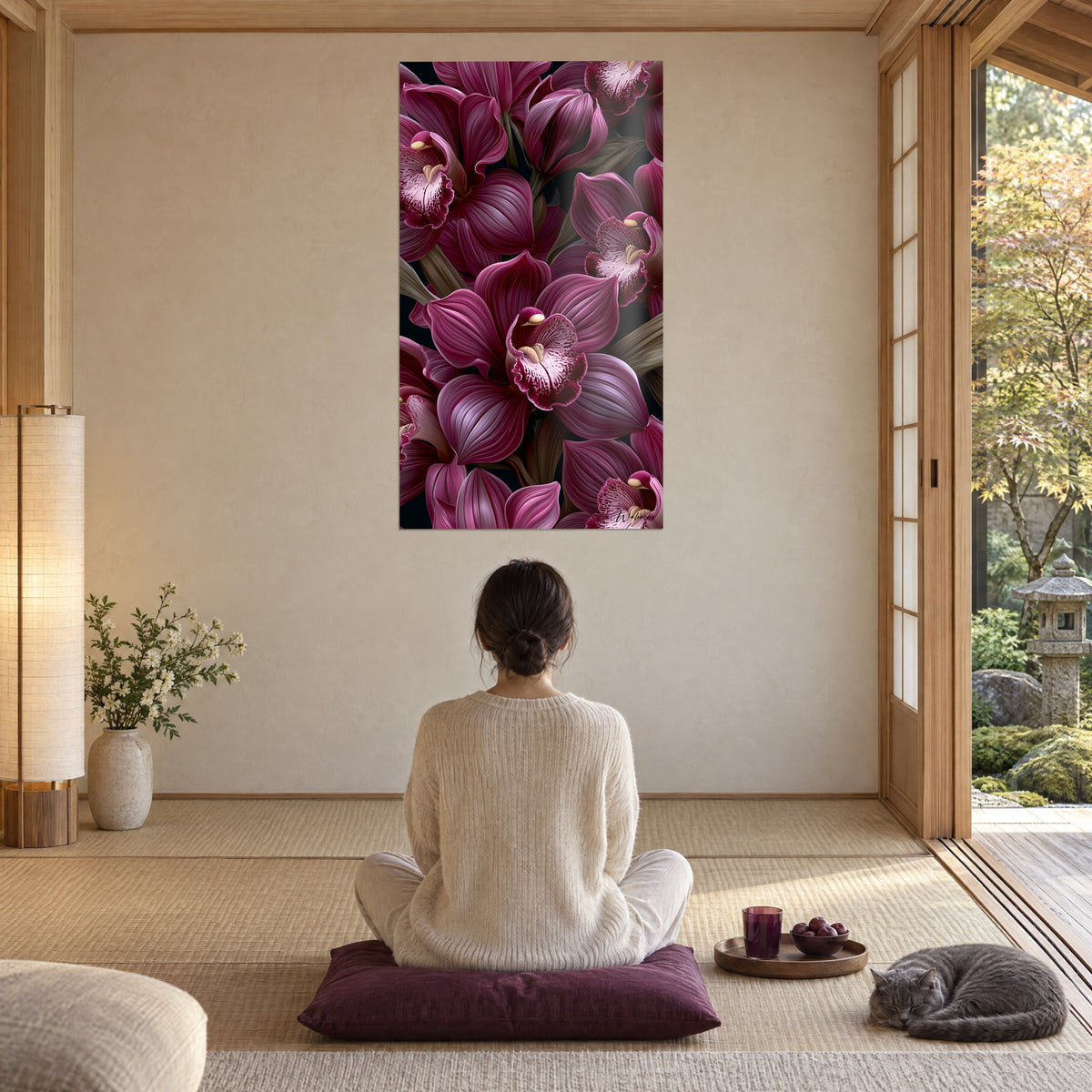 Gemälde Violette Orchideen mit gefransten, rosaweißen Lippen, Frau von hinten auf einem pflaumenfarbenen Kissen sitzend, graue Katze, friedlicher japandi Raum