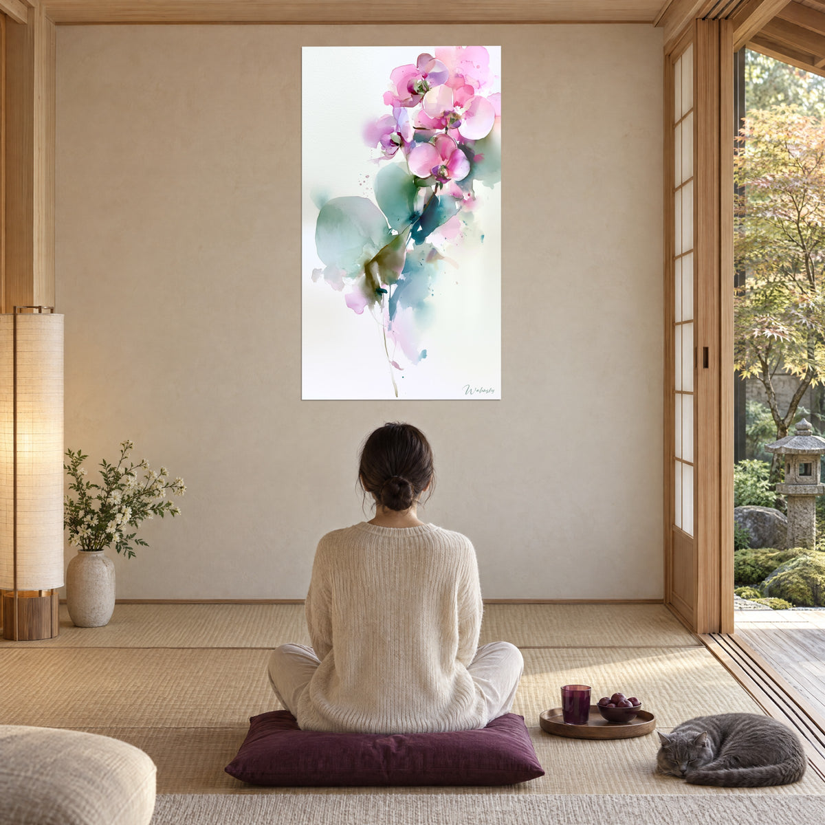 Quadro delicata fioritura rosa su fondo crema, foglie blu-verde trasparenti, donna di spalle seduta in meditazione, gatto grigio, soggiorno zen