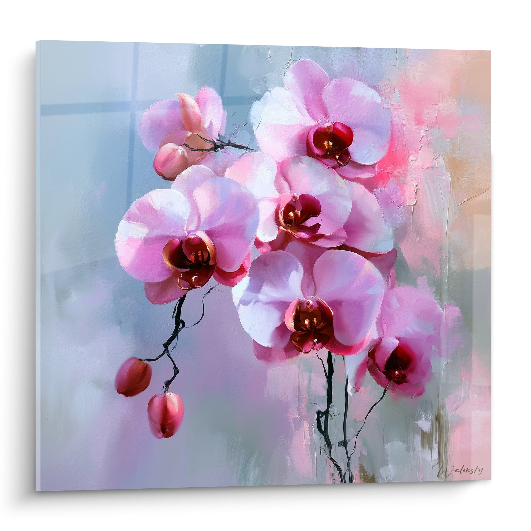 Orchidées roses aux cœurs bordeaux peintes à la spatule sur fond bleu gris vaporeux
