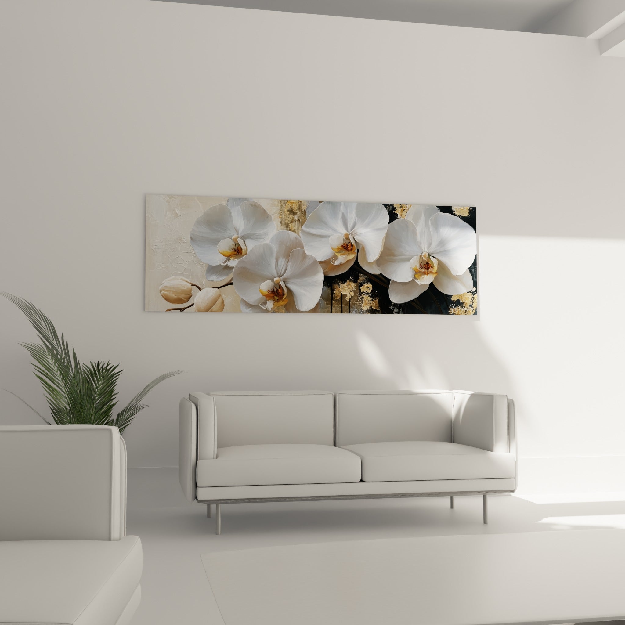 Fleurs d'orchidée blanche et anthracite disposées au-dessus d'un canapé dans un salon lumineux